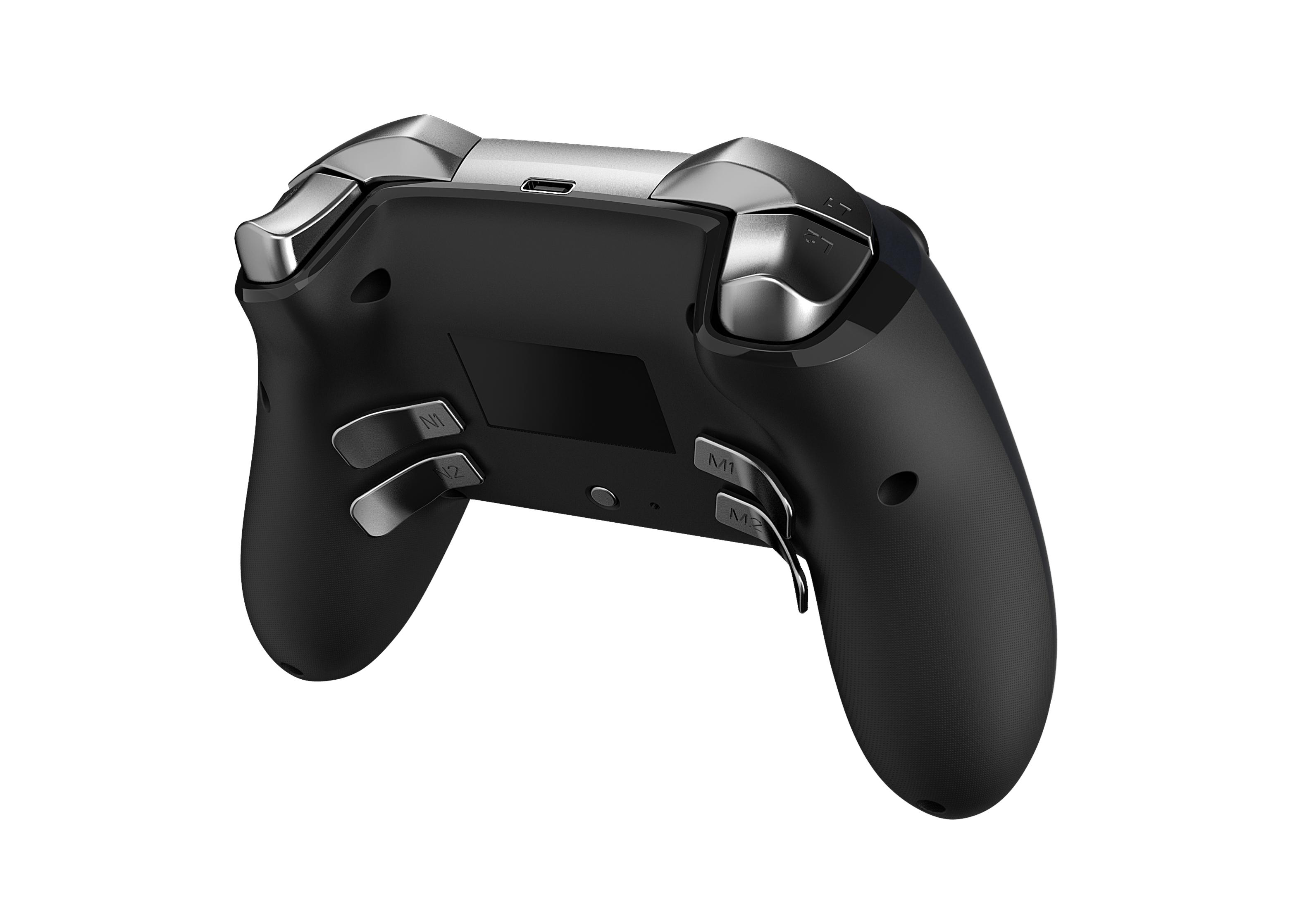 Rückansicht eines schwarzen Dragon Shock S Controllers mit silbernen Akzenten auf weißem Hintergrund.