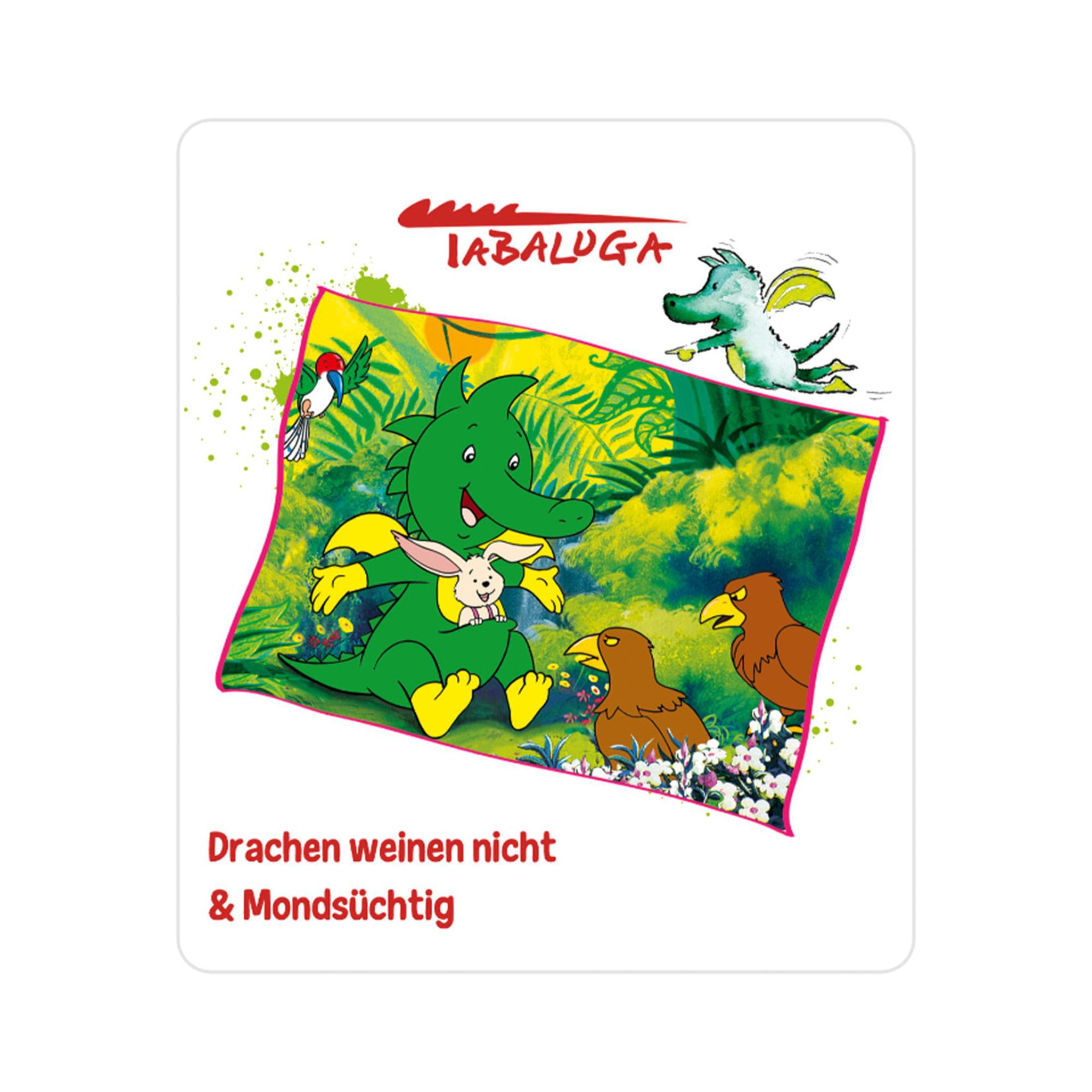 Cartoon mit grünem Drachen, Kaninchen, Vögeln und Text auf weißem Hintergrund.