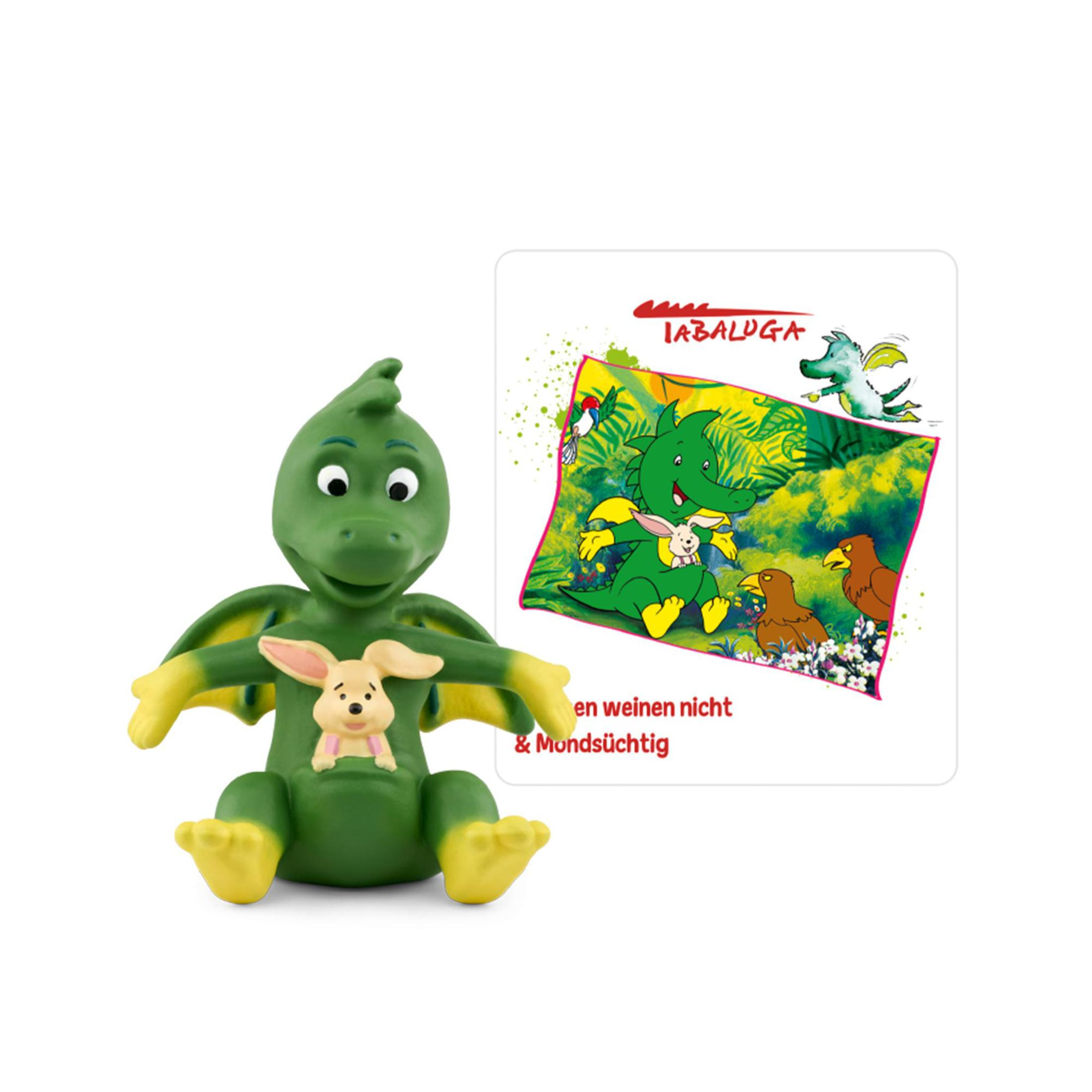 Grünes Drachenspielzeug mit einem Cartoon-Hintergrund desselben Drachen und Tieren.