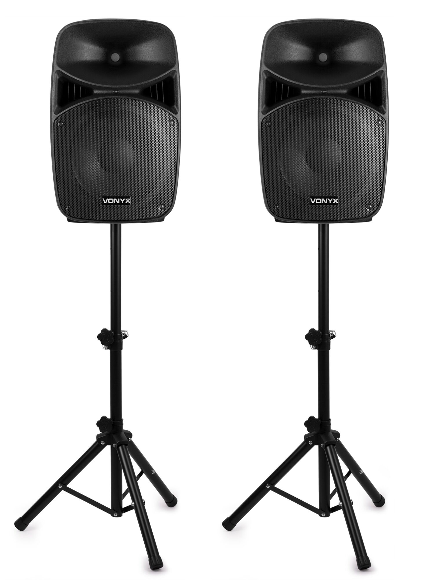 Dos sistemas de altavoces negros en soportes, composición simétrica, fondo blanco.