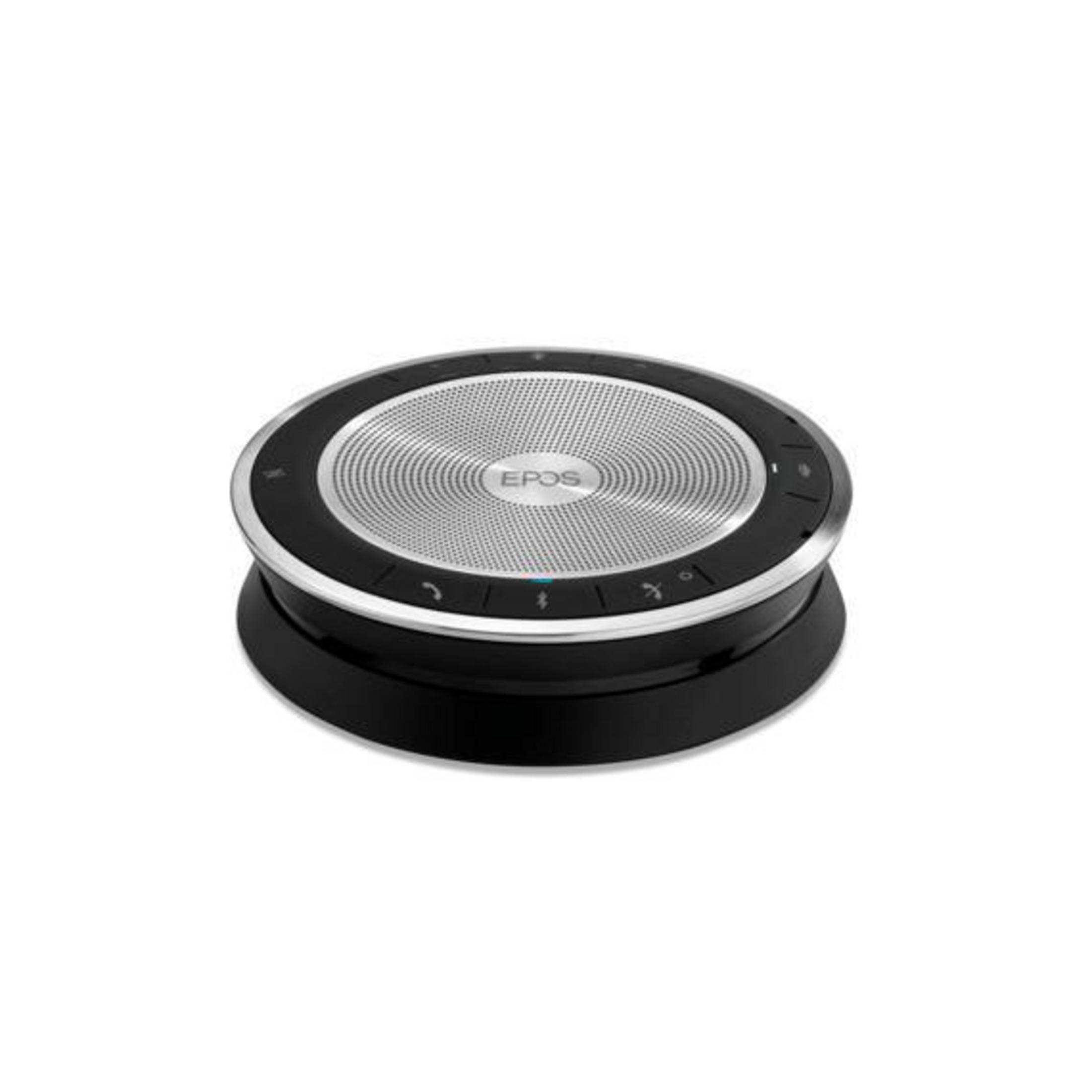 Ein rundes, schwarz-silbernes EPOS-Speakerphone steht vor einem weißen Hintergrund.