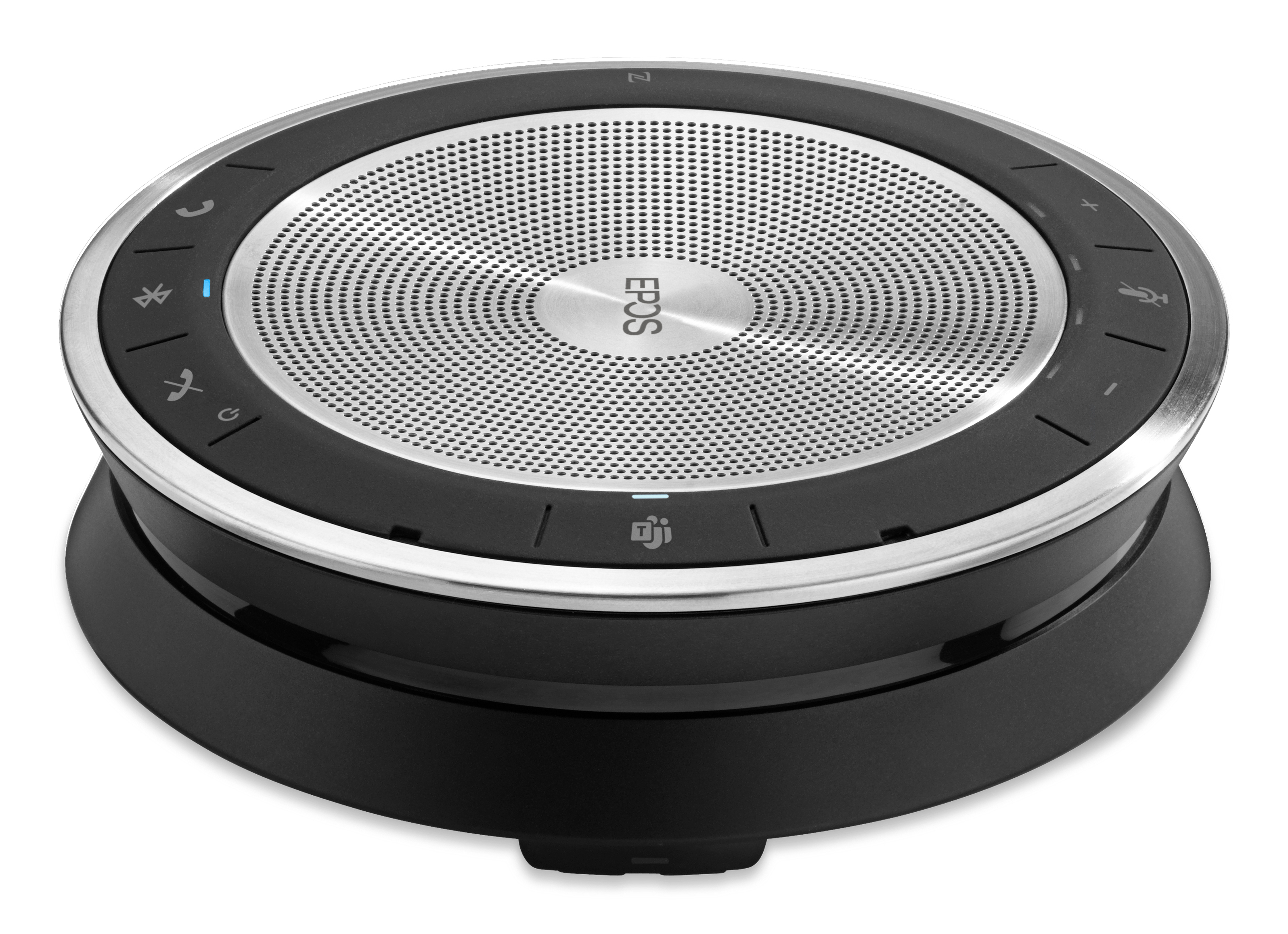 Ein rundes, schwarz-silbernes EPOS-Speakerphone steht aus der Nähe vor einem weißen Hintergrund.