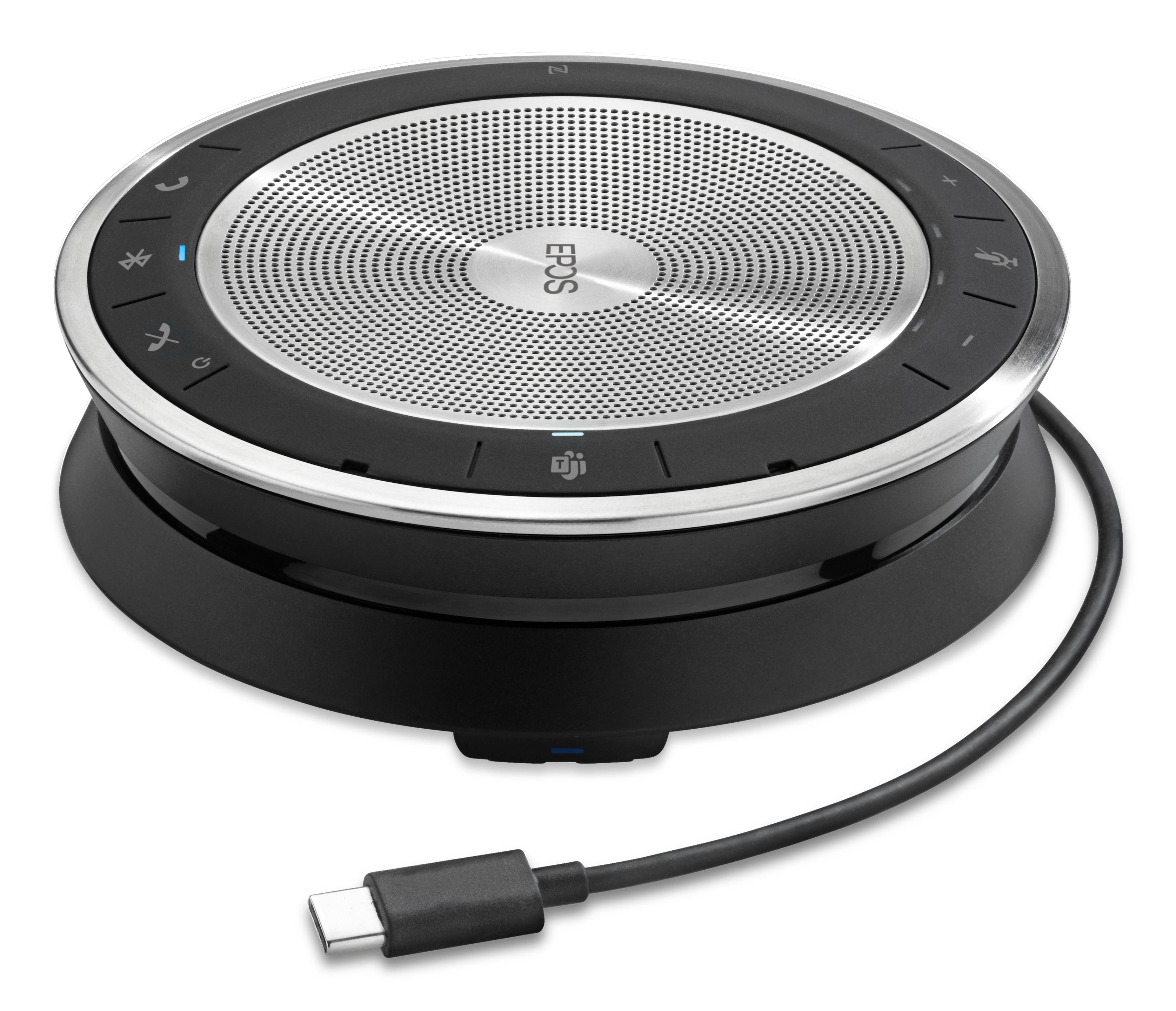 Ein rundes, schwarz-silbernes EPOS-Speakerphone mit einem USB-C-Kabel, isoliert auf Weiß.