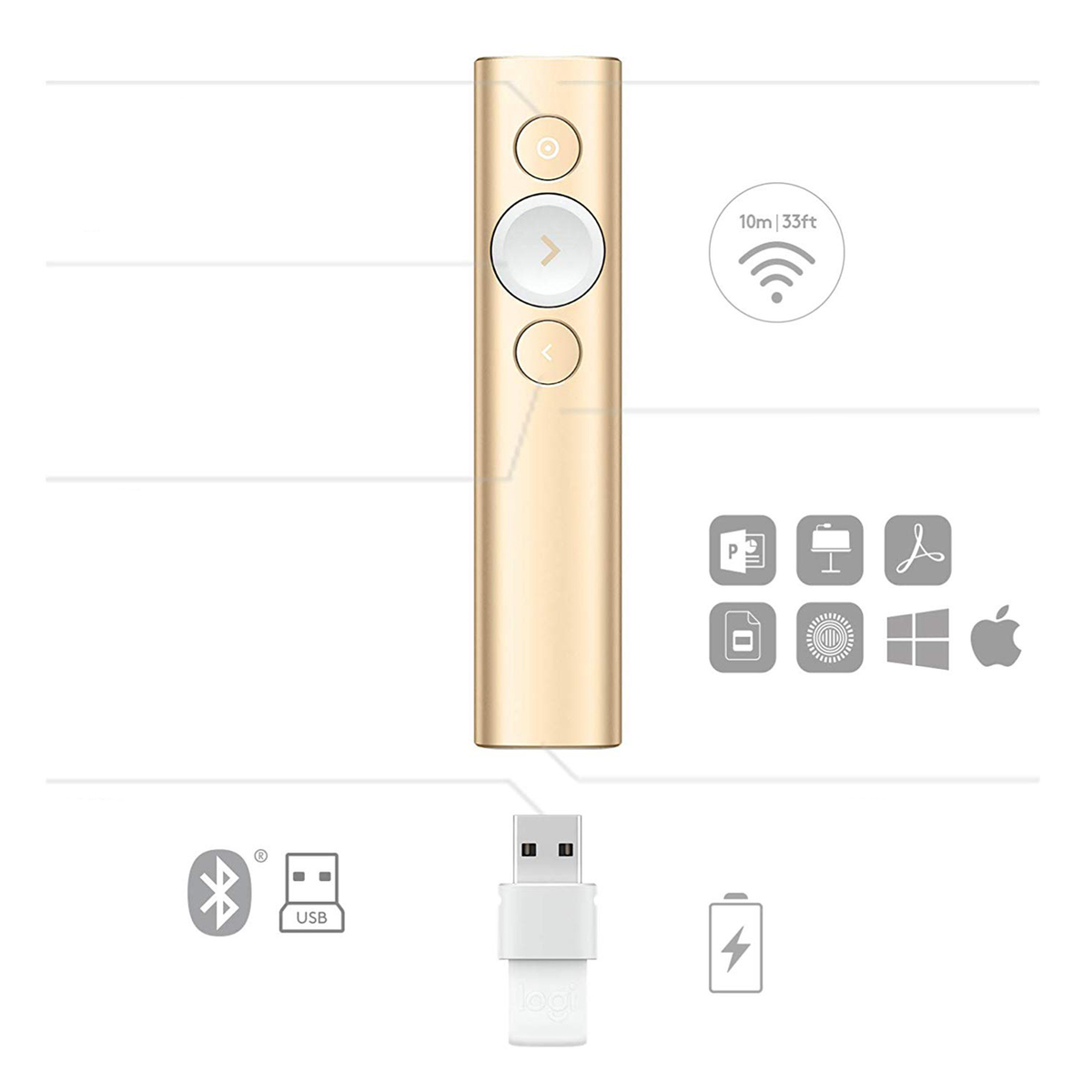 USB dongle ve bağlantı, yazılım ve pil ömrü simgeleri bulunan altın uzaktan kumanda.