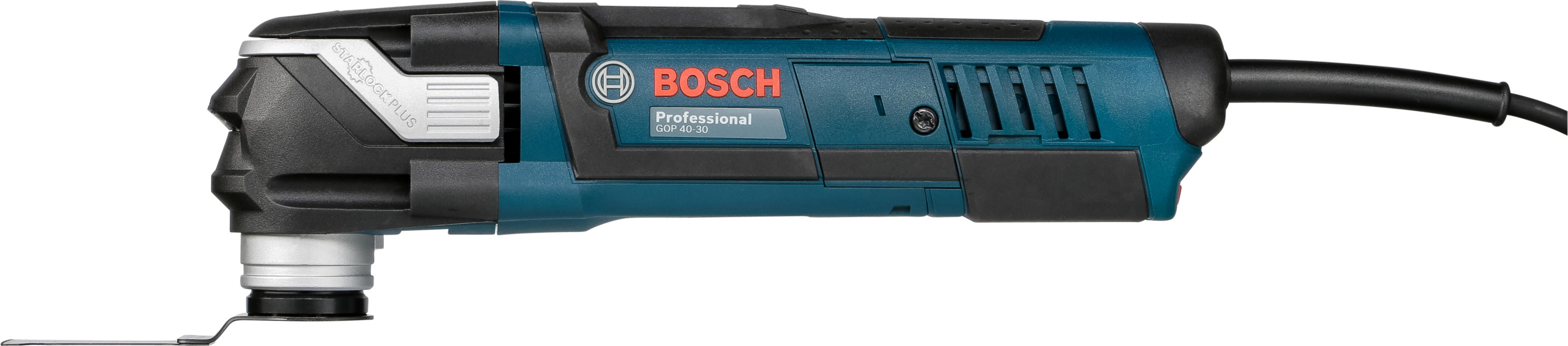 Ein blaues und schwarzes oszillierendes Multifunktionswerkzeug von Bosch mit Sägeblattaufsatz auf weißem Hintergrund.