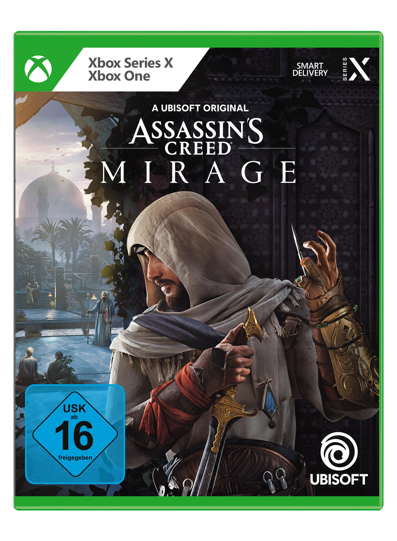 Assassin's Creed Mirage Xbox-Spielcover mit einer Figur mit Kapuze, die ein Schwert hält.