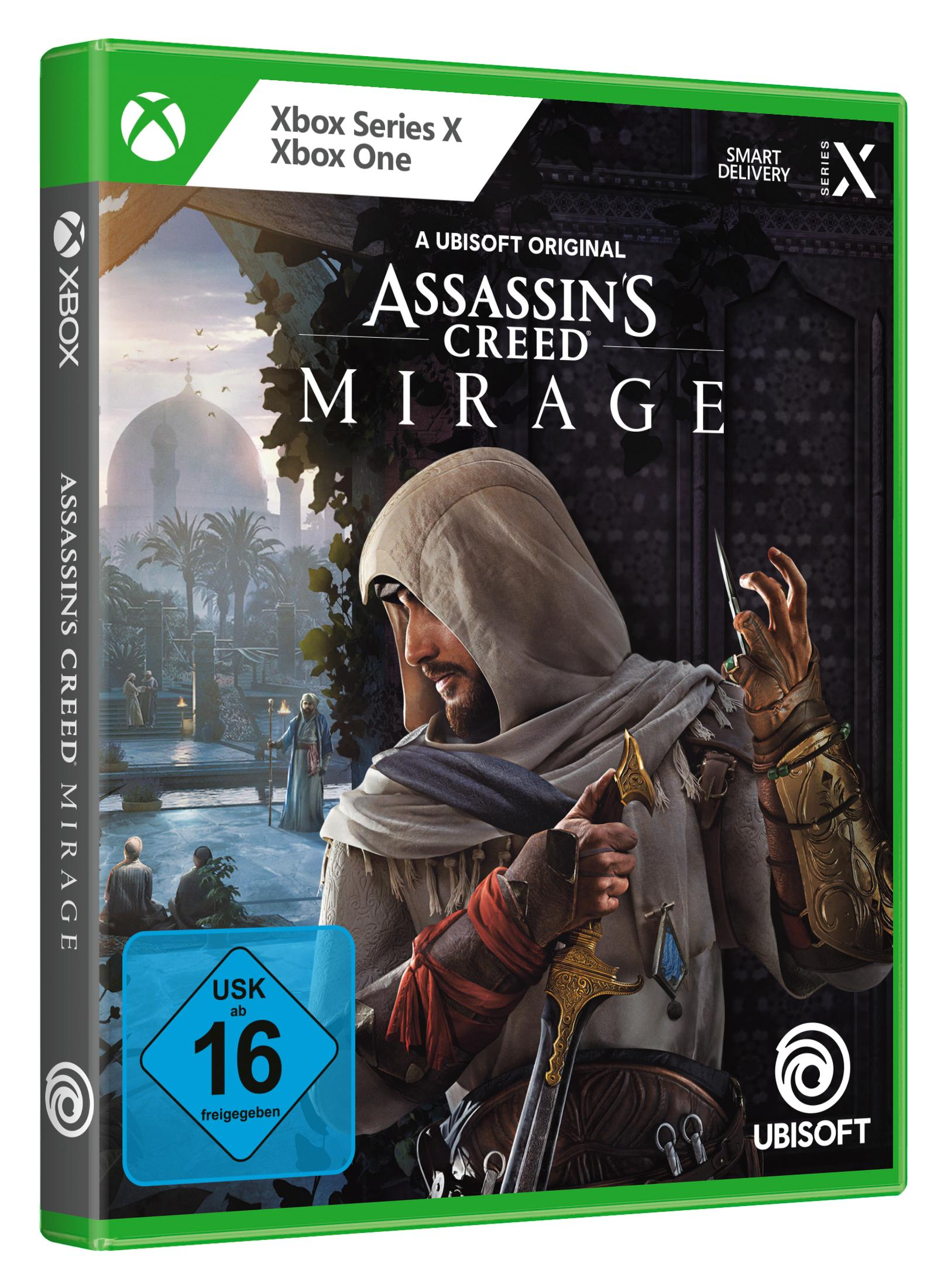 Xbox-Spielcover für Assassin's Creed Mirage mit einer Kapuzenfigur mit einem Schwert.