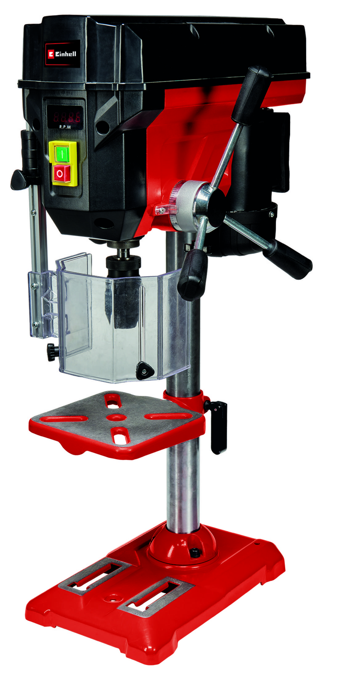 Eine rot-schwarze Bohrmaschine mit einem durchsichtigen Schutz und einer Metallbasis.
