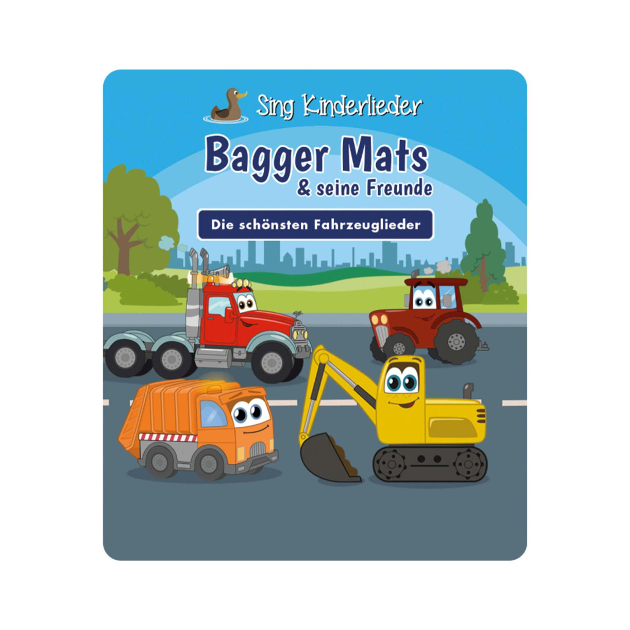 Ein Kinderbuchcover mit Cartoon-Trucks, einem Traktor und einem Bagger auf einer Straße.