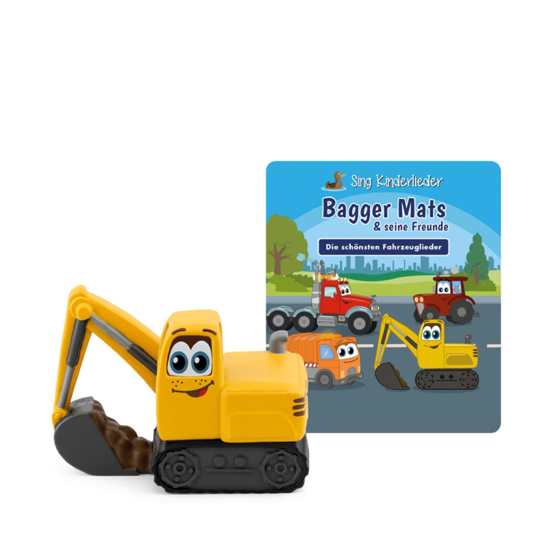 Ein gelber Spielzeugbagger vor einem Kinderbuchcover mit Cartoon-Fahrzeugen.