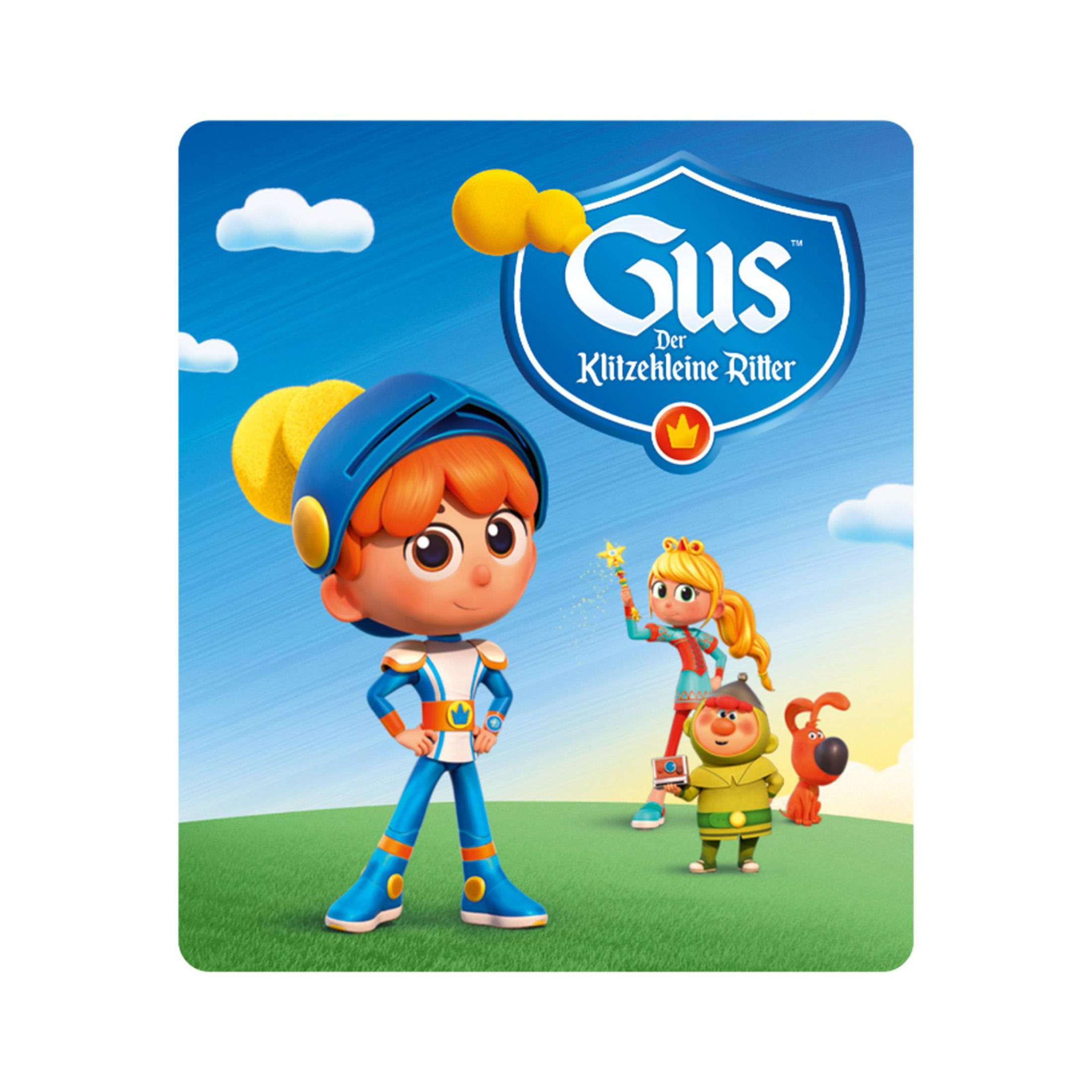Ein Cartoon-Ritter auf einem Kinderbuchcover mit blauem Himmel, grünem Gras und anderen Charakteren.