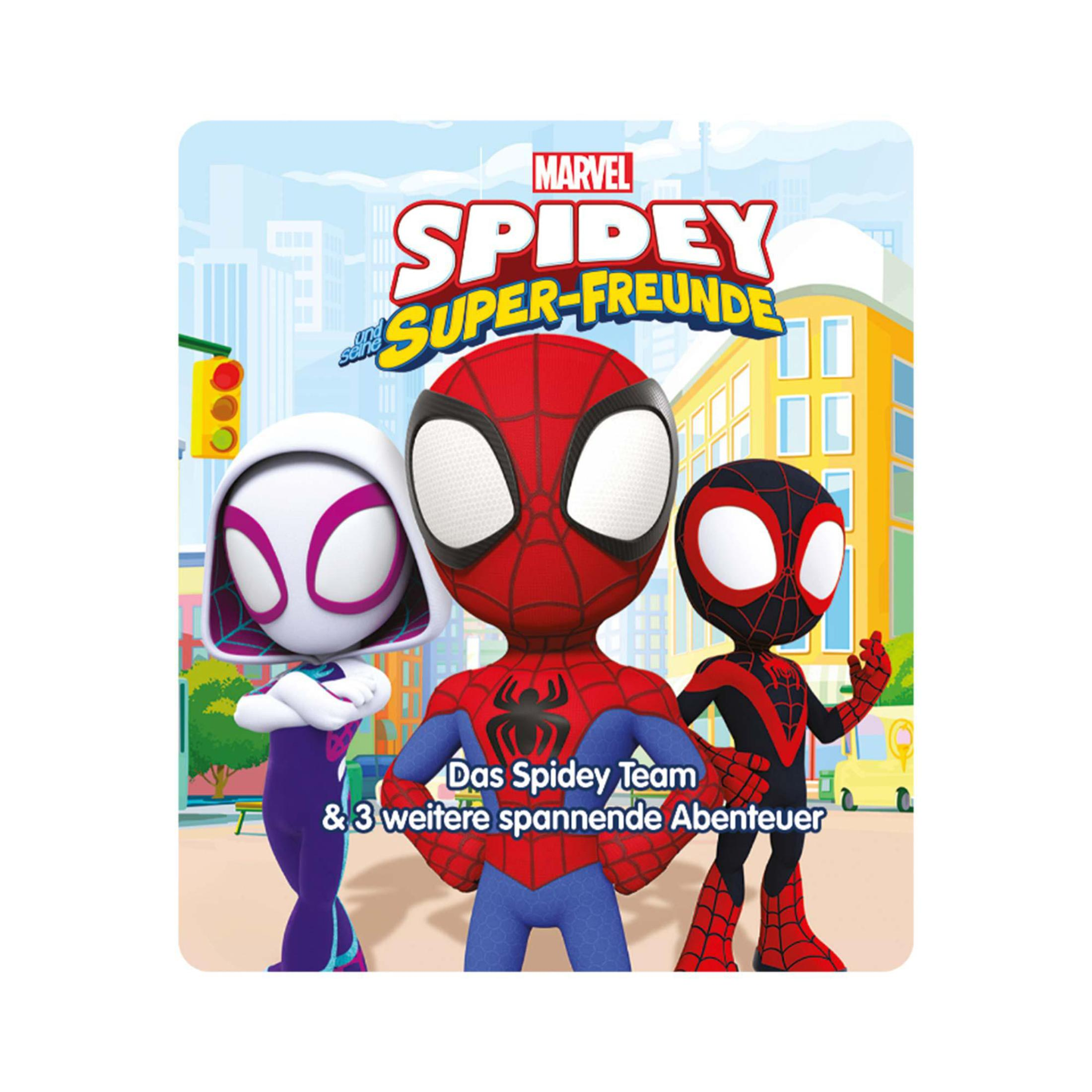 Animierte Spiderman-Charaktere mit dem Text „Spidey Super-Freunde & 3 weitere spannende Abenteuer“ auf blauem Hintergrund.