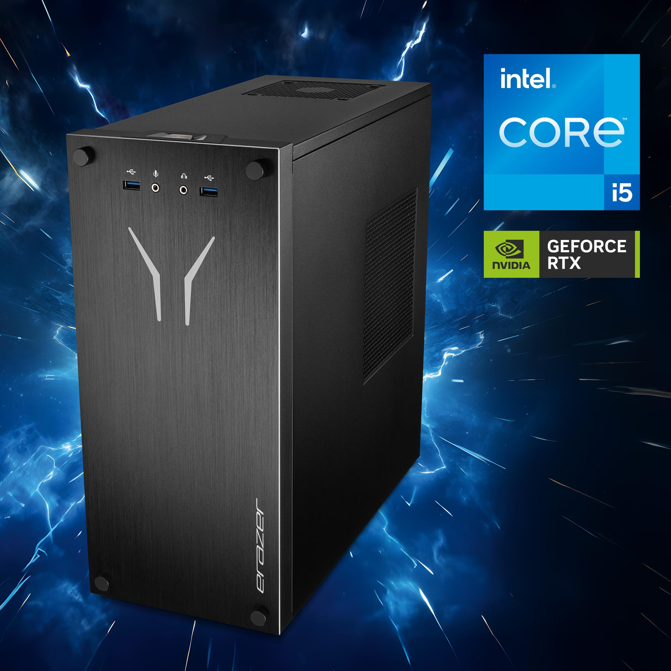 Ein schwarzer Computer-Tower auf blau-schwarzem Hintergrund mit Intel Core i5- und Nvidia GeForce RTX-Logos.