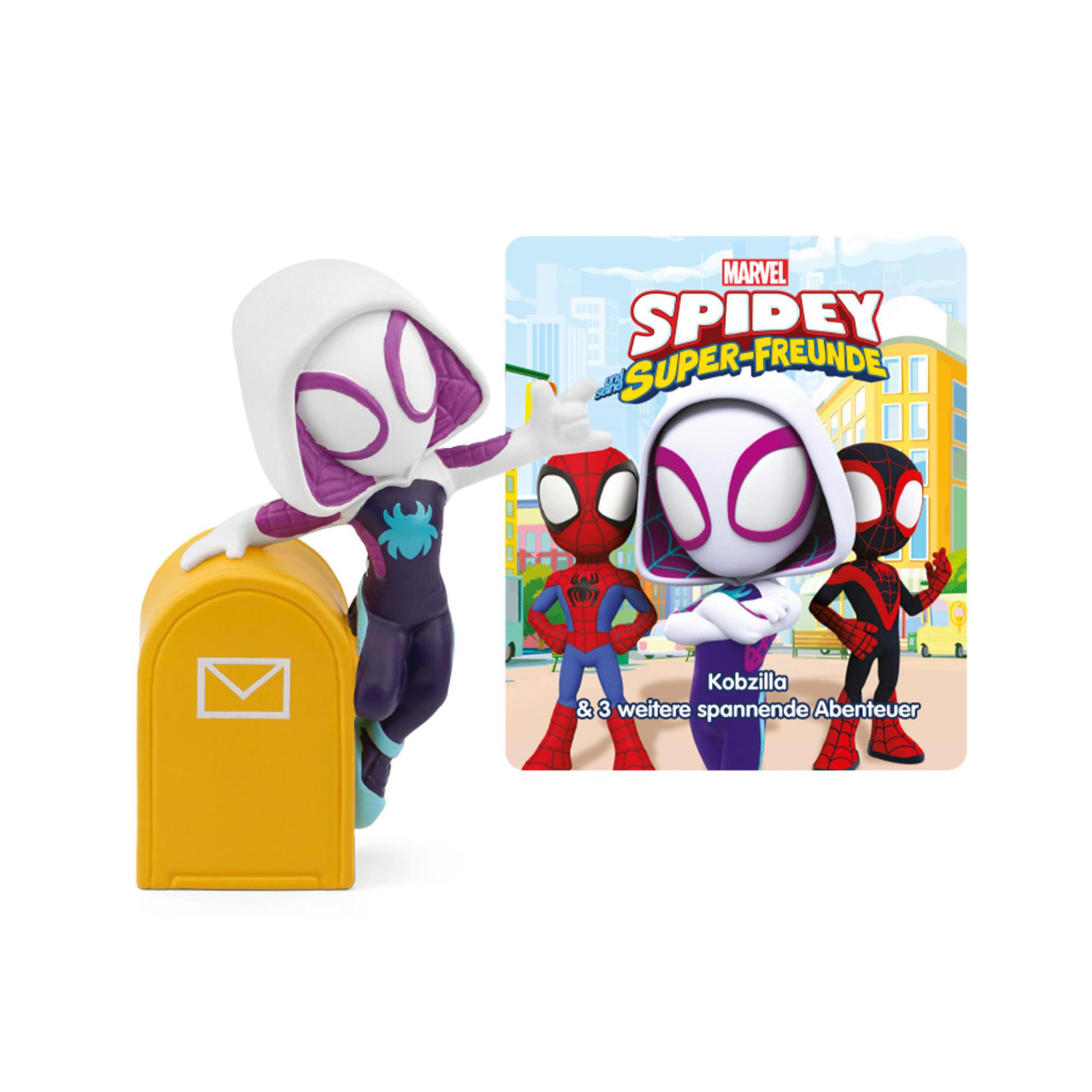 Spider-Gwen-Figur mit einem Spidey and Friends-Buch vor einem weißen Hintergrund.