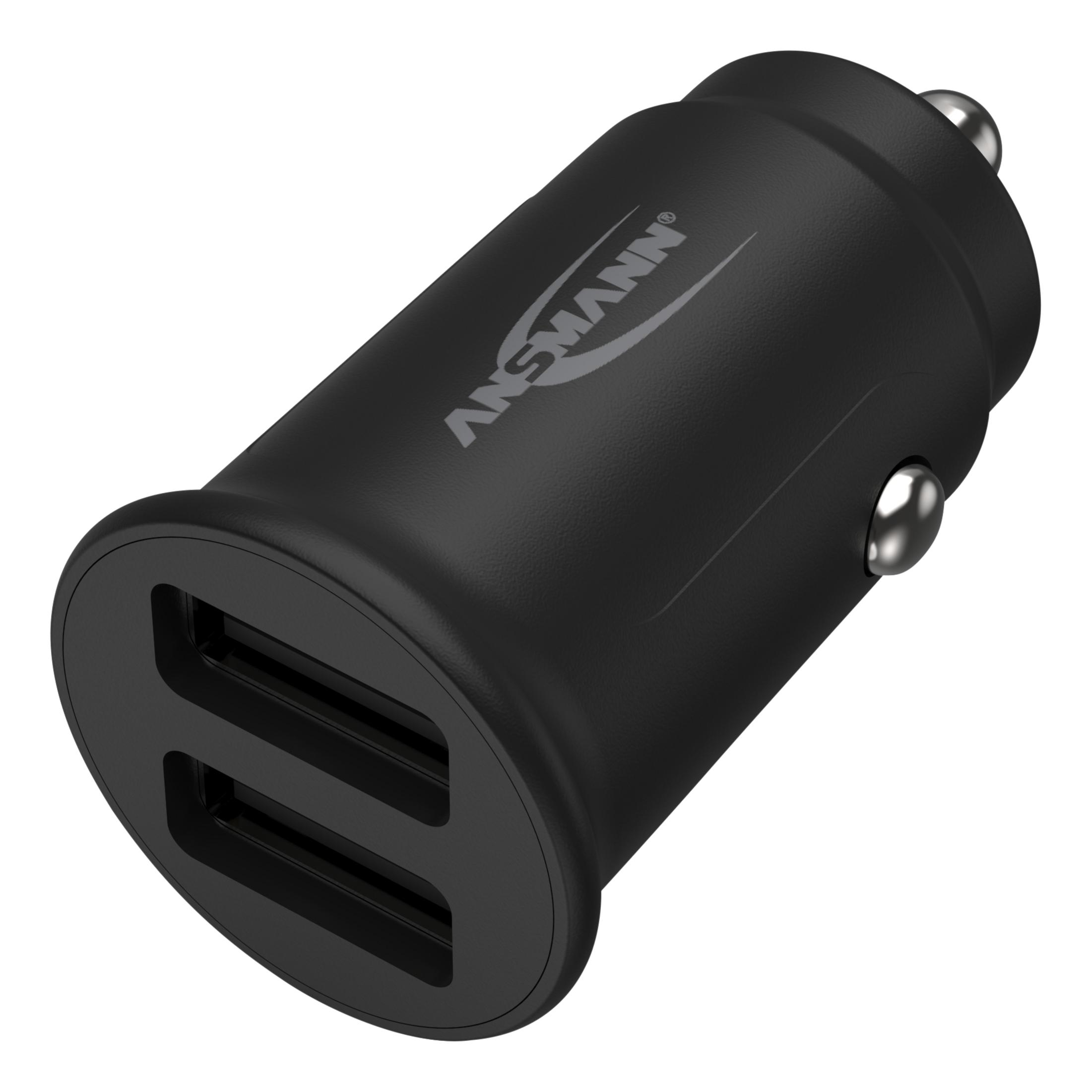 Vista angolata di un caricabatterie da auto nero con due porte USB su sfondo bianco.