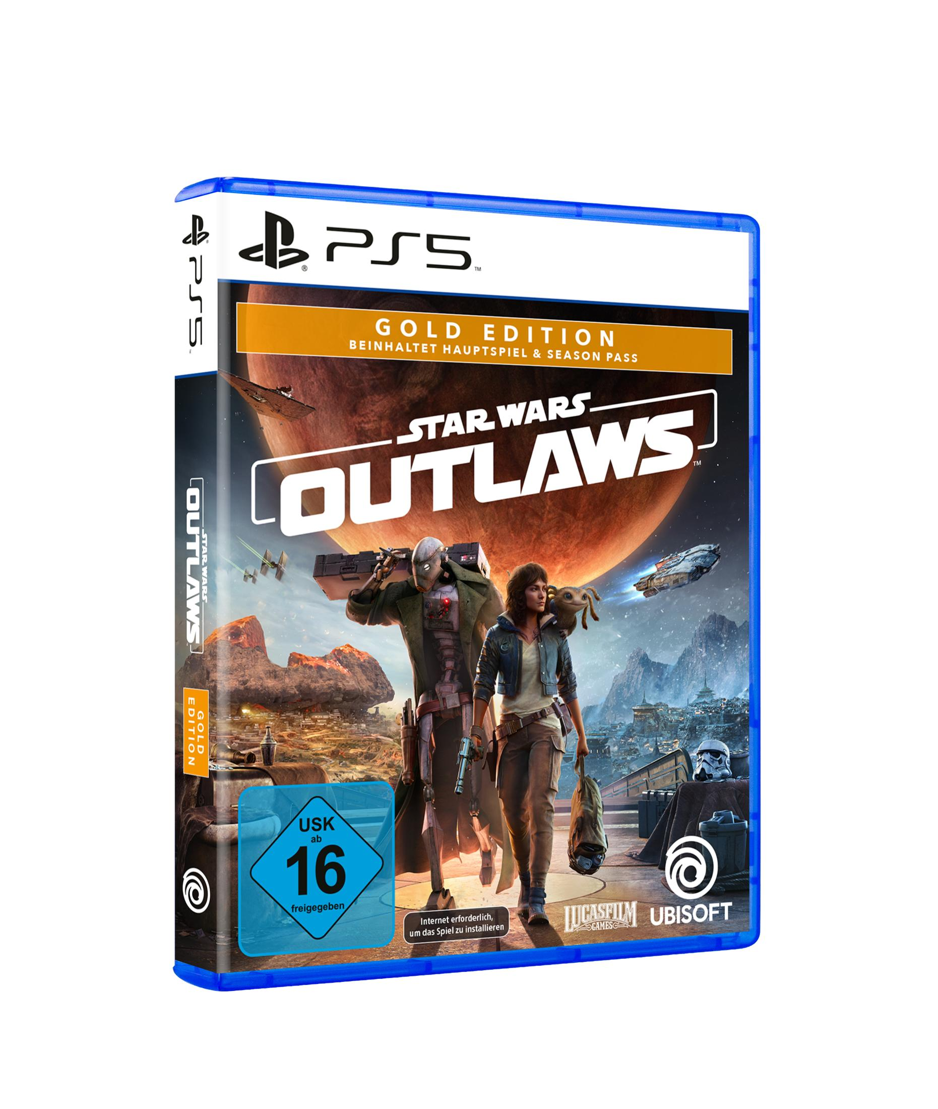 Ein Star Wars Outlaws Gold Edition-Videospielcover mit Charakteren und einem feurigen Planetenhintergrund.