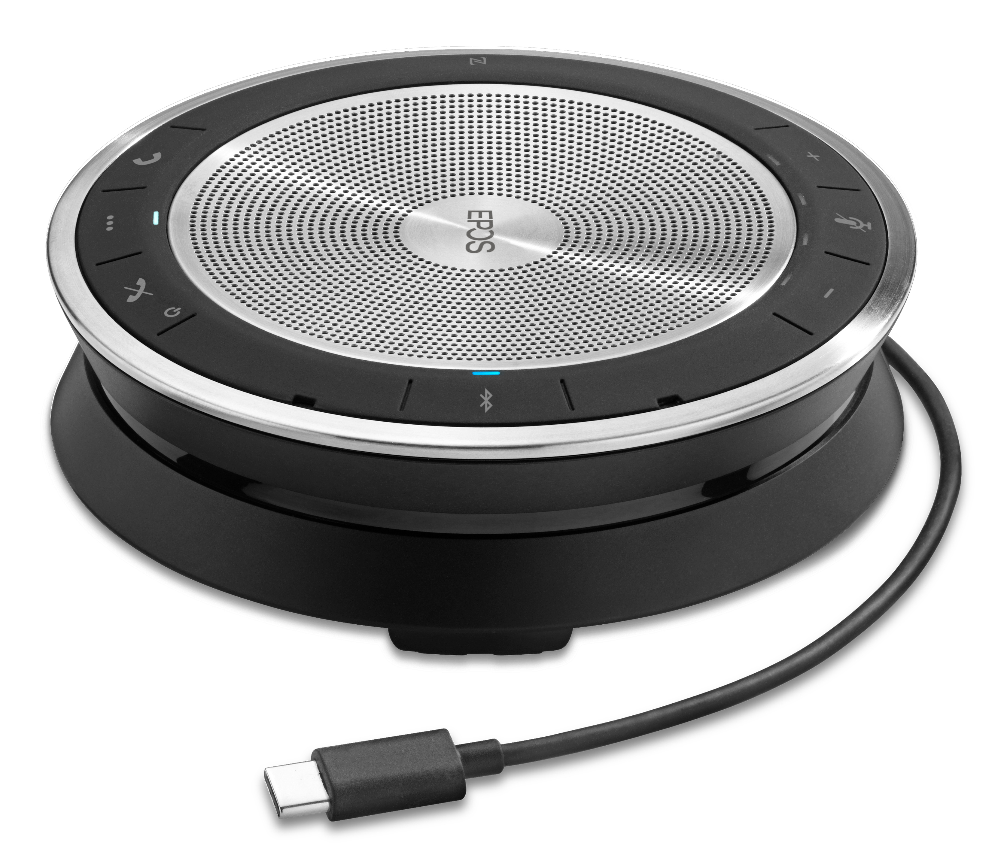 Un vivavoce EPOS nero è appoggiato su una superficie bianca, con un cavo USB-C collegato per la connettività.