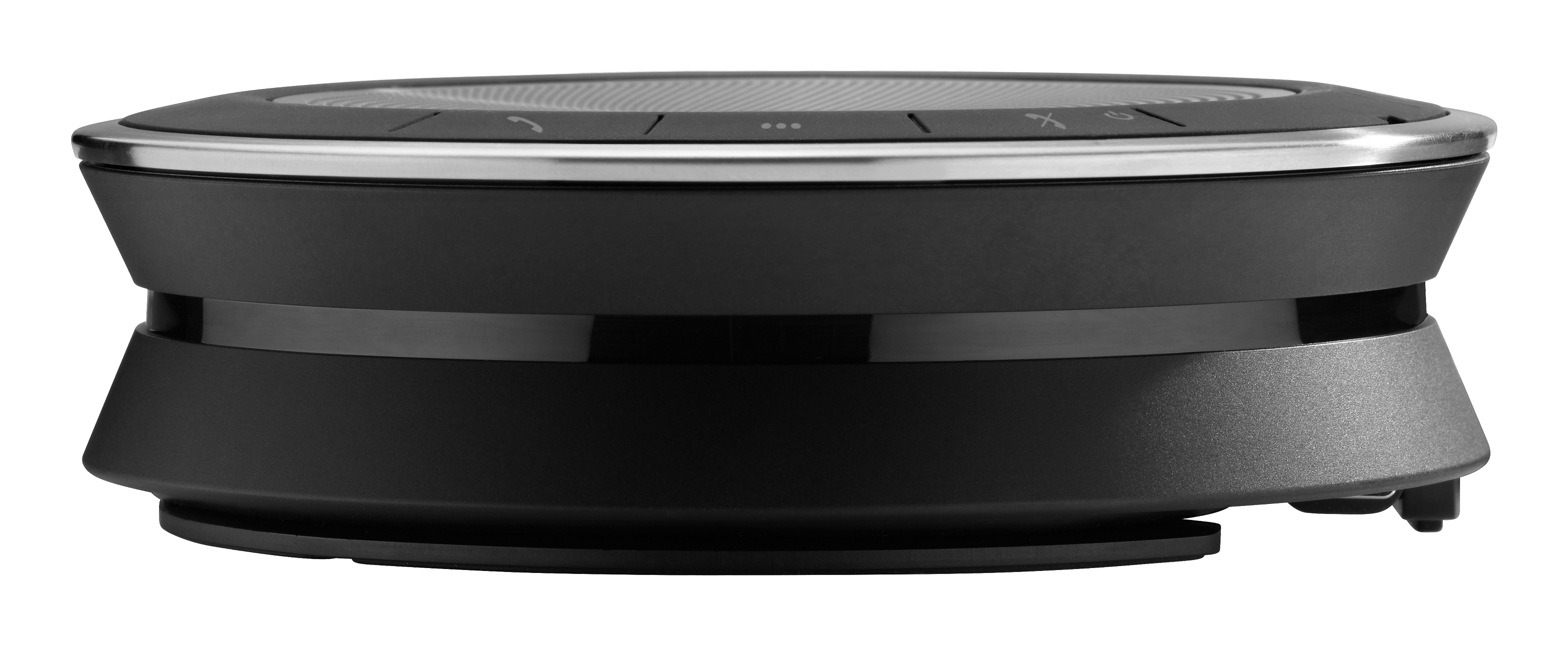 Un vivavoce EPOS nero ed elegante è posizionato lateralmente, mostrando il suo design a strati.