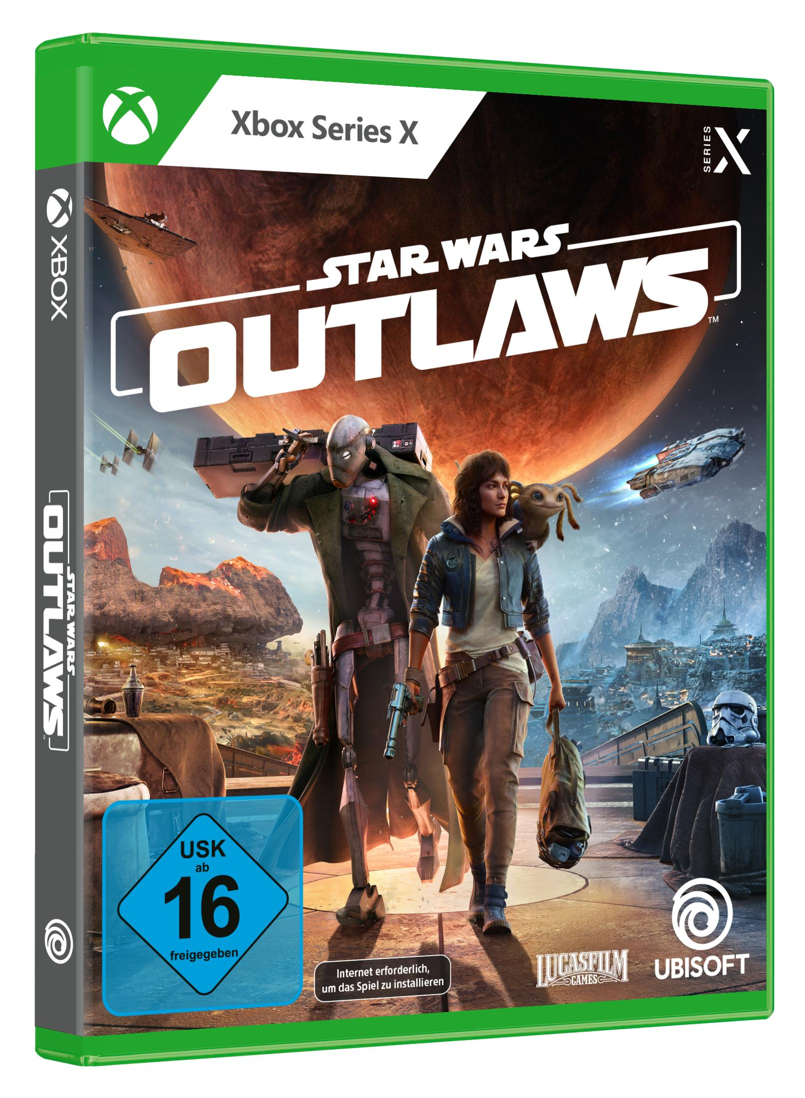 Star Wars Outlaws Xbox Series X-Spielbox mit zwei Charakteren und einem Wüstenplaneten.