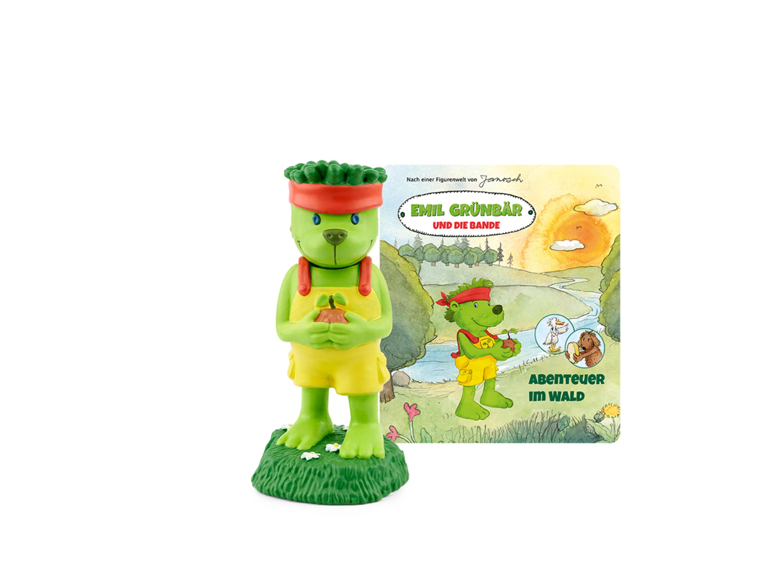 Grüne Bärenfigur mit rotem Stirnband, die eine Birne hält, neben einem Buchumschlag.