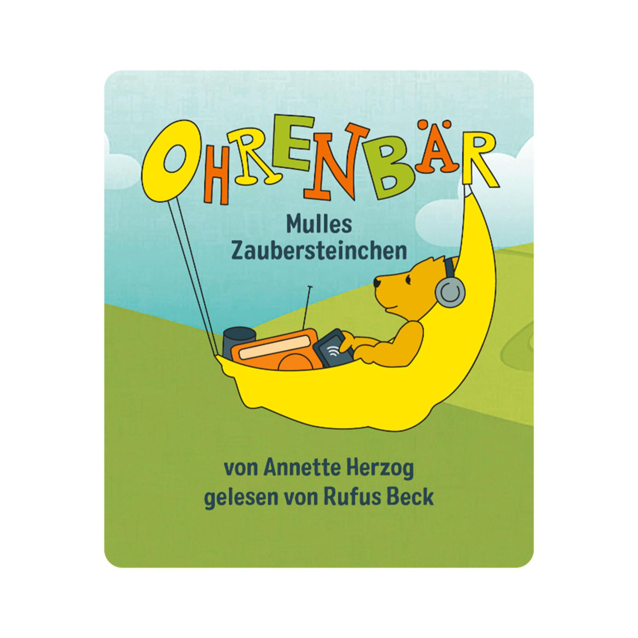 Illustration eines Bären auf einem Mond mit Kopfhörern vom Buchcover „Ohrenbär“.
