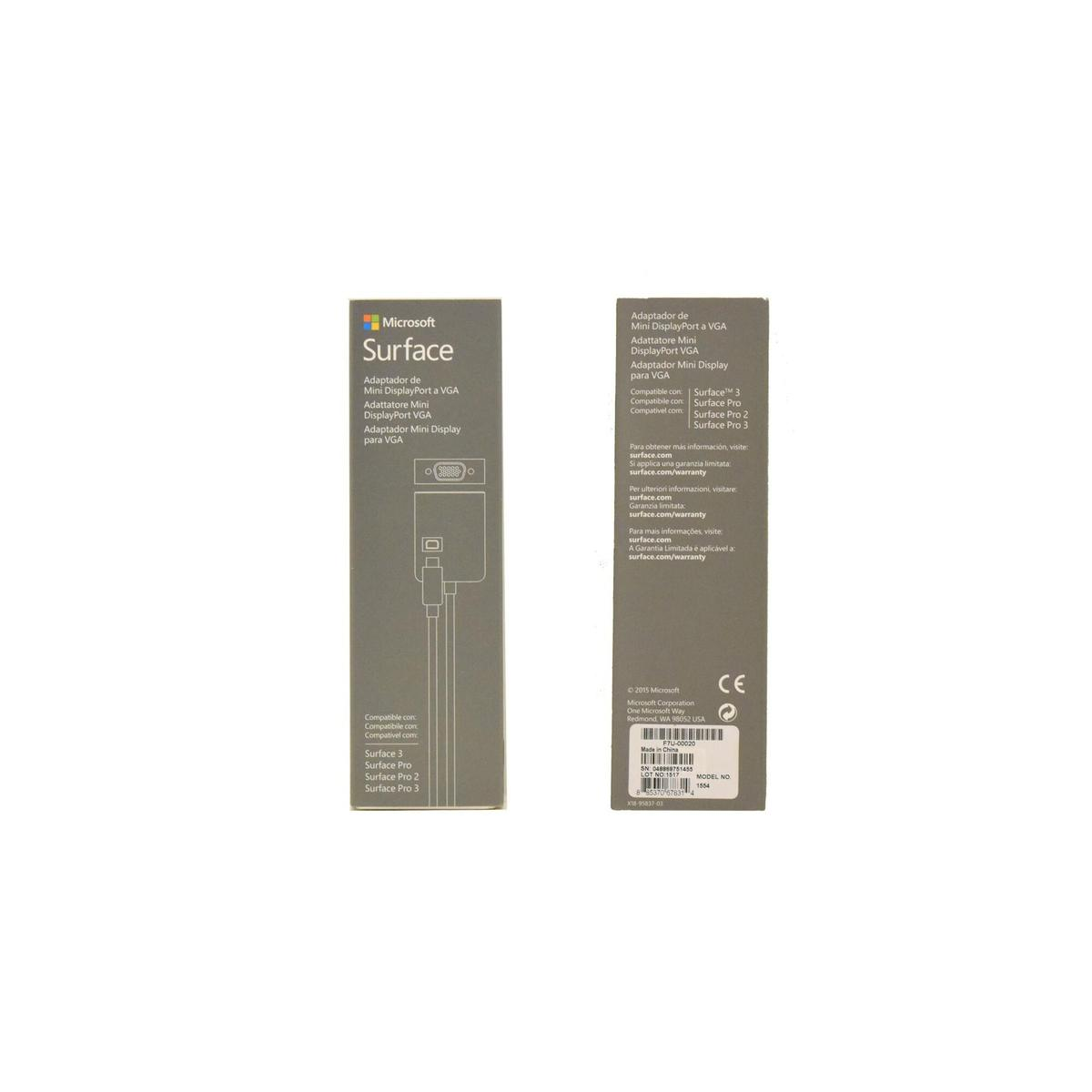 Scatole per adattatori Microsoft Surface Mini DisplayPort a VGA, con testo in inglese e spagnolo.