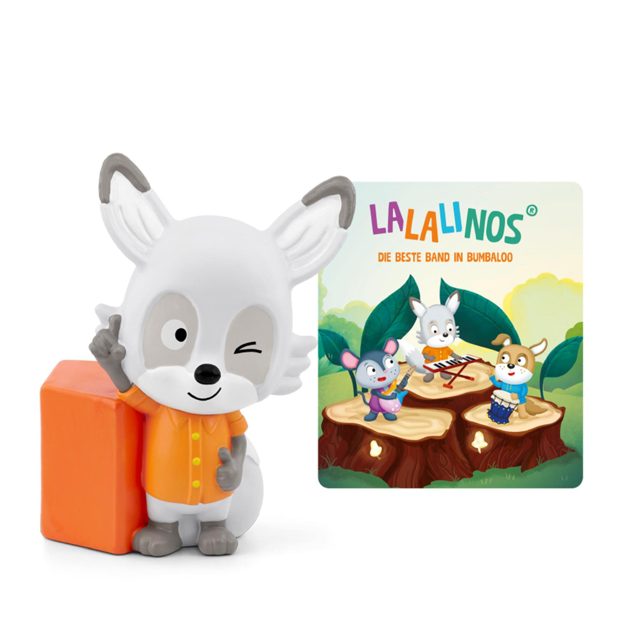 Une figurine de personnage Lalalinos à côté d'une pochette de CD Lalalinos représentant trois animaux de dessins animés jouant des instruments.