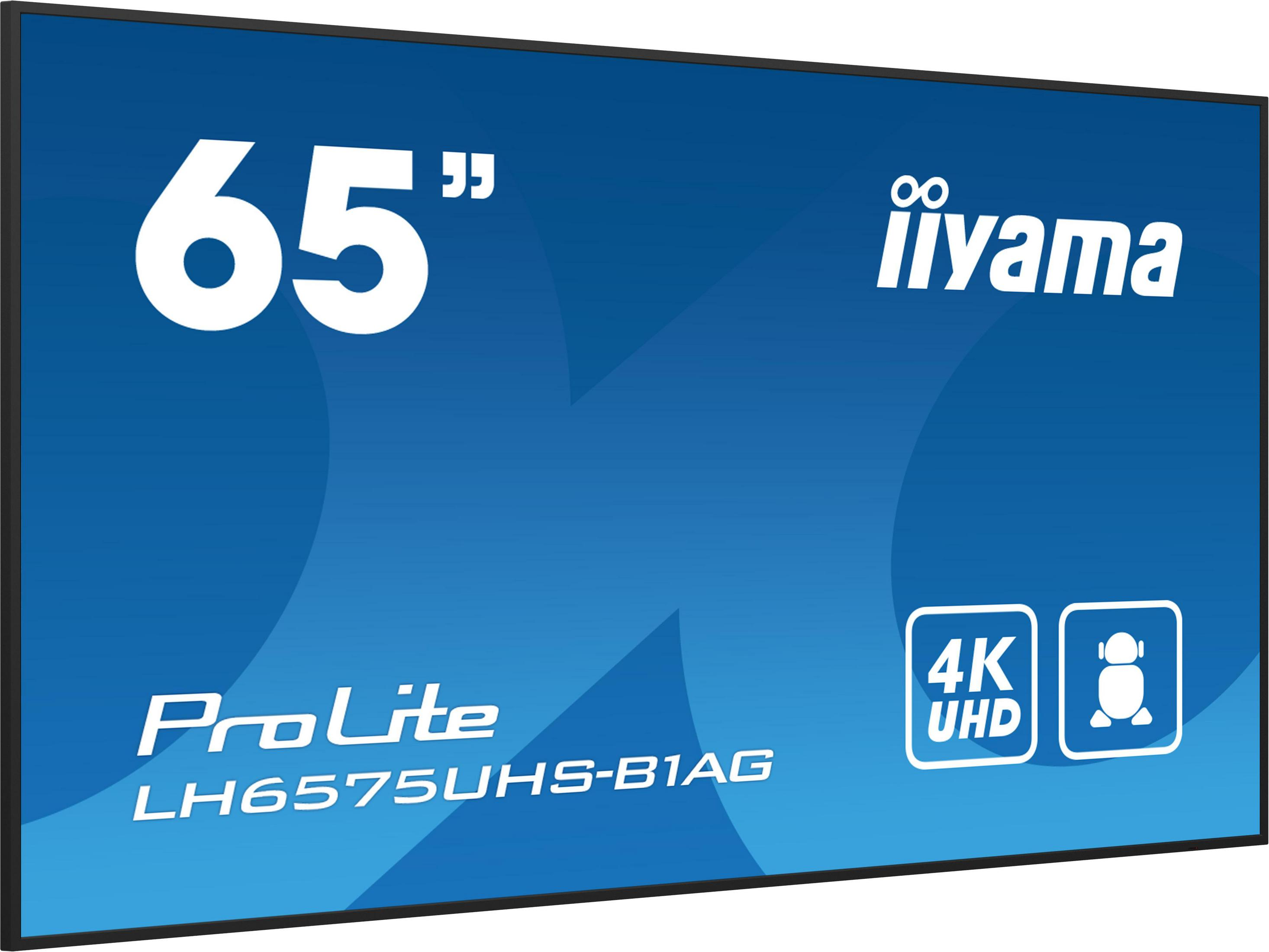Un primo piano di un display promozionale blu per un monitor iiyama ProLite da 65 pollici con il marchio e il logo 4K UHD.