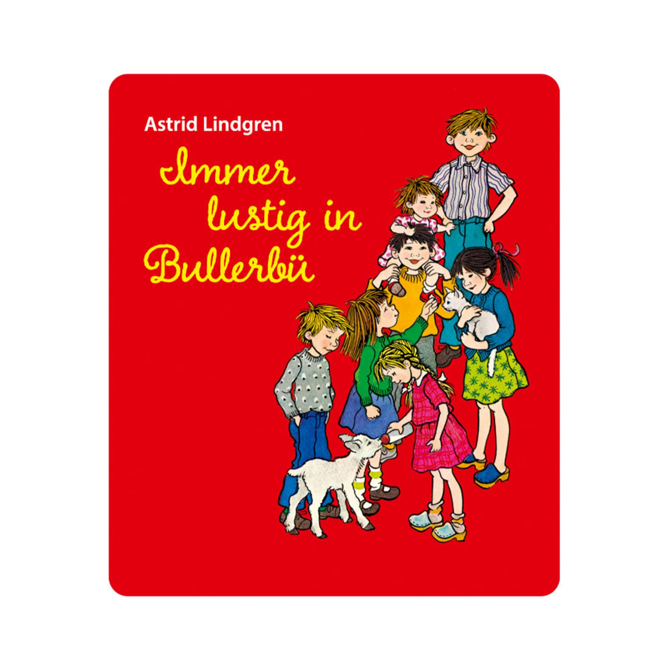 Das Cover von "Immer lustig in Bullerbü" von Astrid Lindgren zeigt Kinder und ein Lamm auf rotem Hintergrund.