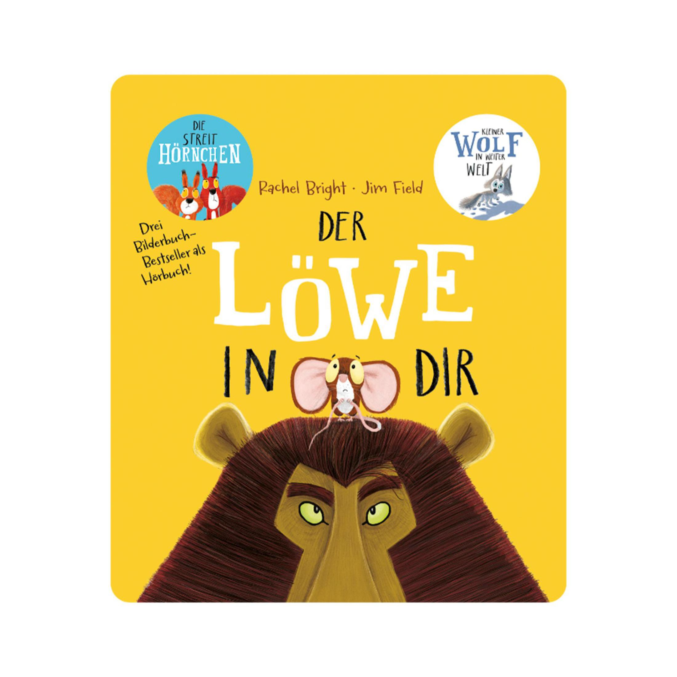 Ein Kinderbuchcover mit einer Löwen- und Mausillustration in leuchtenden, fröhlichen Farben auf gelbem Hintergrund.