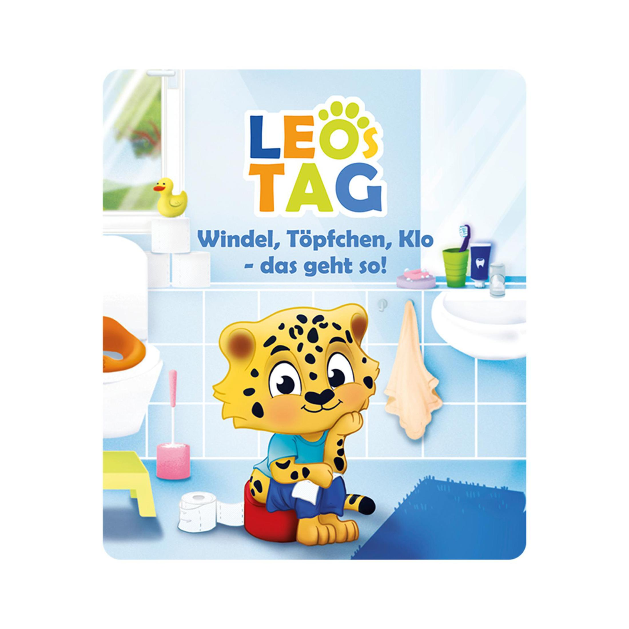 Ein Cartoon-Leopard sitzt in einer Badezimmerszene neben dem Text „Leos Tag“ auf blauem Hintergrund.
