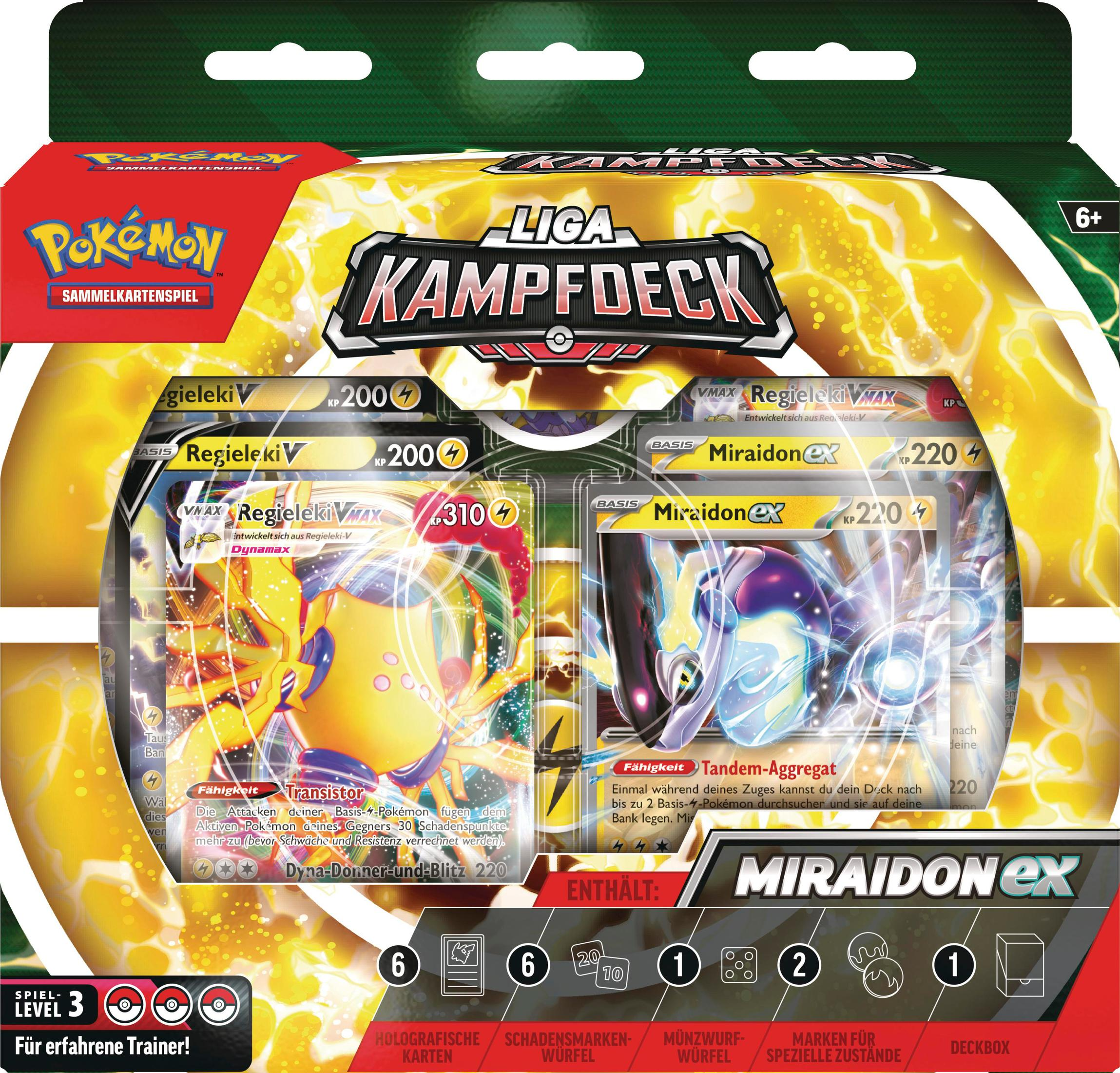 Ein Pokémon TCG League Battle Deck mit Regieleki V und Miraidon ex in einer grünen und roten Box.