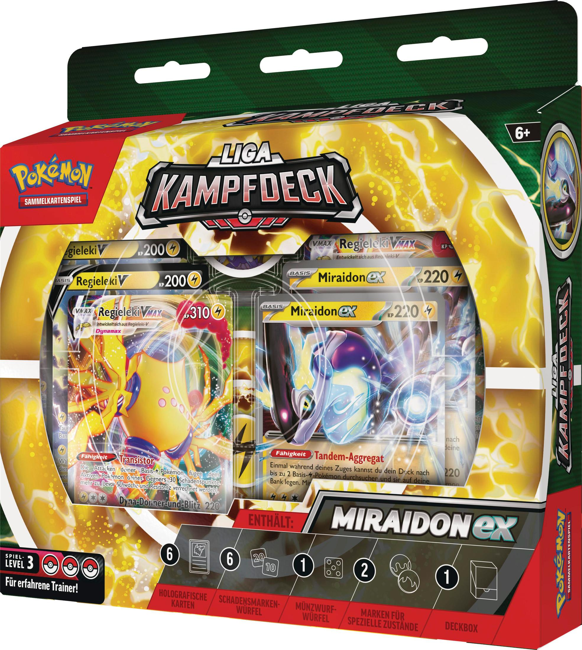 Ein Pokémon TCG League Battle Deck mit Regieleki V und Miraidon ex in einer grünen und roten Box.