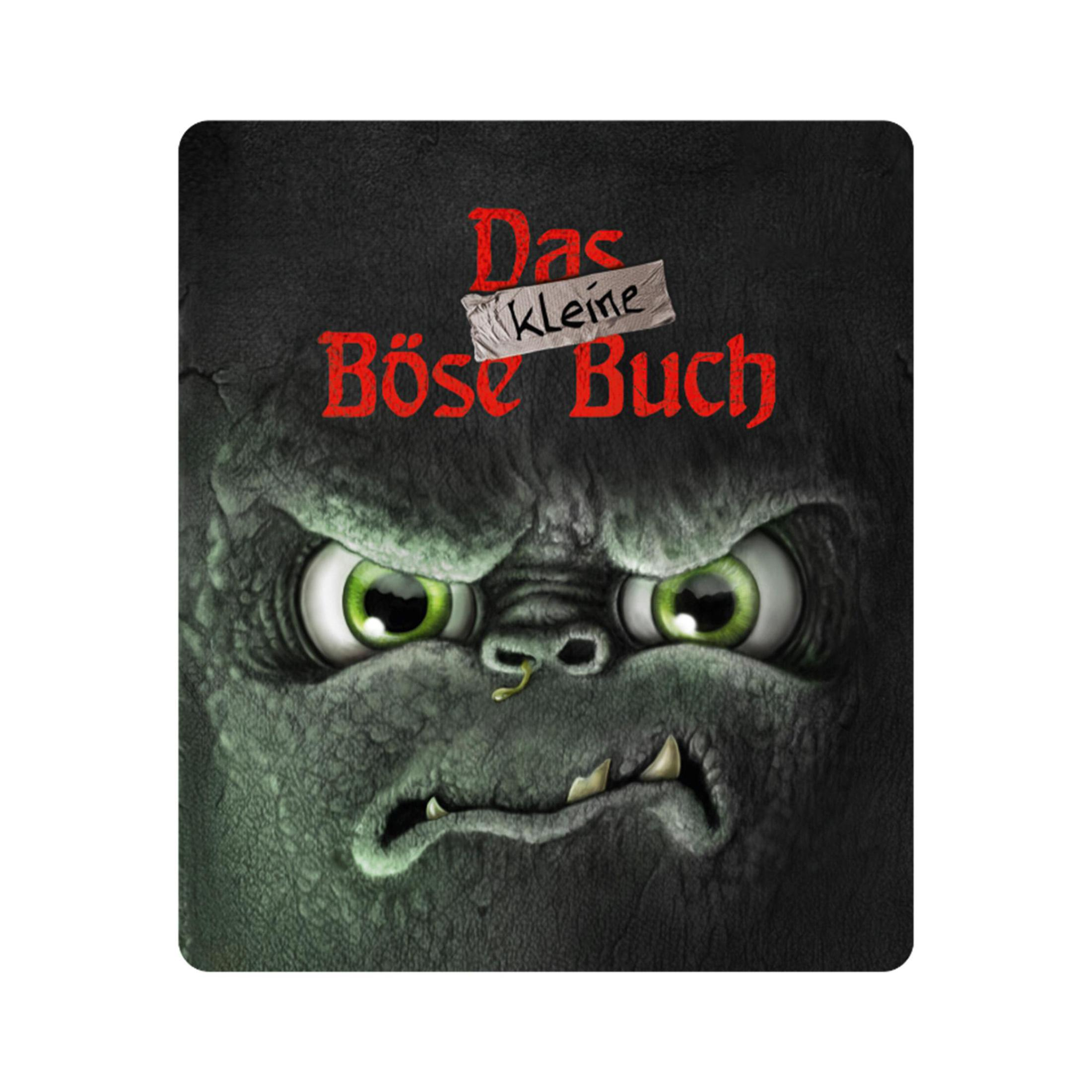 Das Bild zeigt ein quadratisches Buchcover mit einem gruseligen Monstergesicht und dem Titel „Das kleine Böse Buch“.