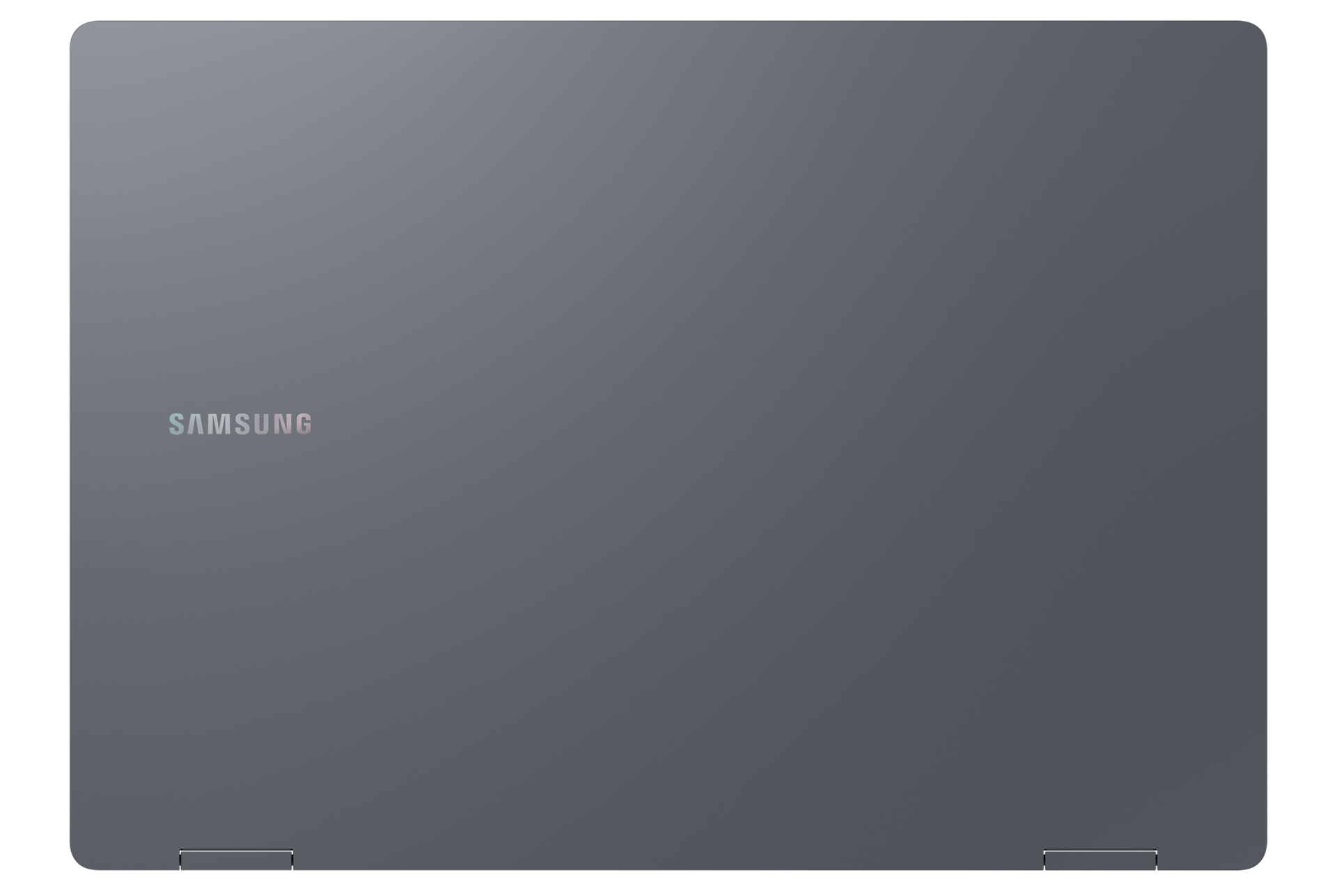 Ein geschlossener, grauer Samsung-Laptop wird von oben gezeigt, wobei der Markenname in der oberen linken Ecke sichtbar ist.
