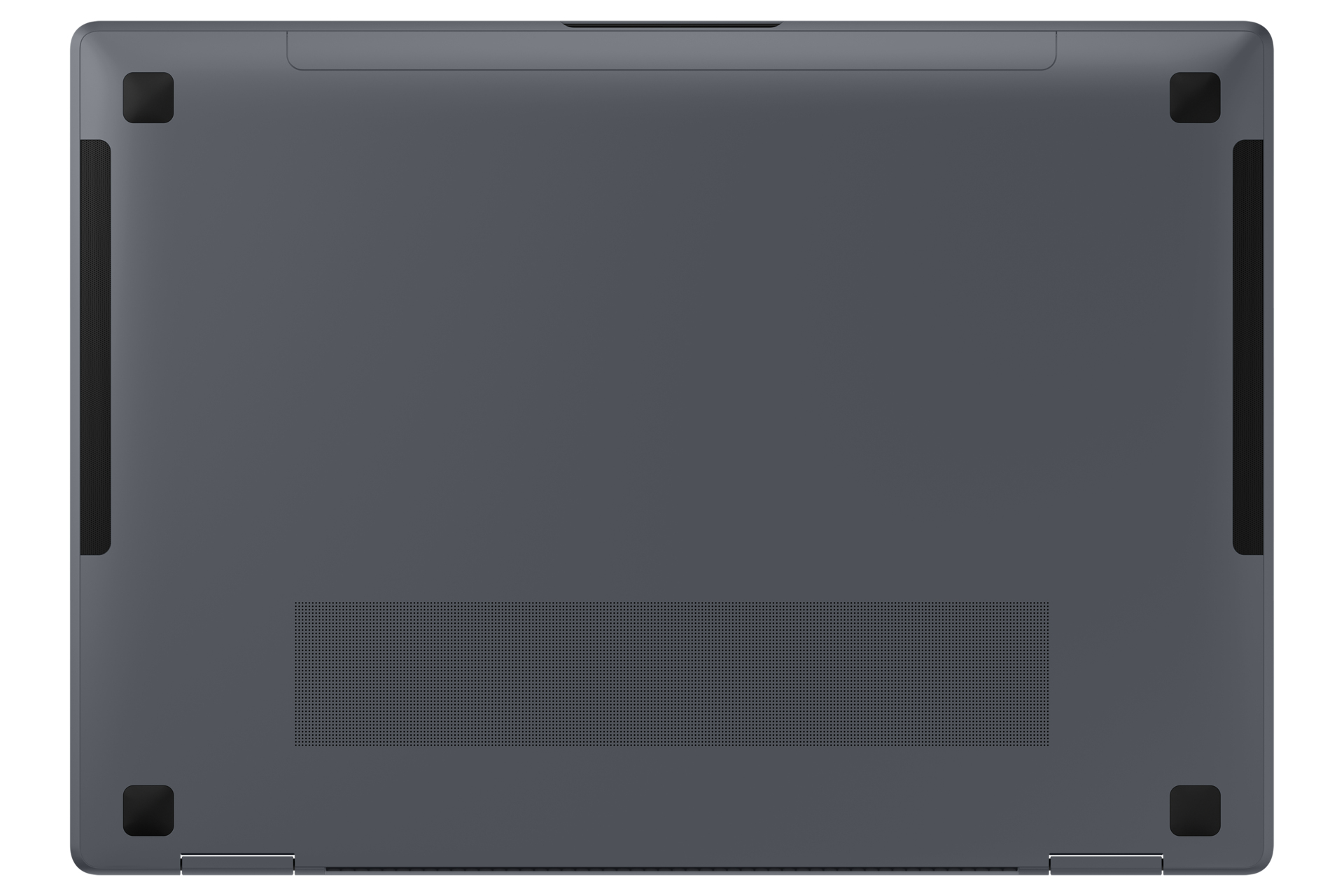 Die Unterseite eines grauen Laptops wird gezeigt, mit schwarzen Gummifüßen und einem Lautsprechergitter in der Nähe des Scharniers.
