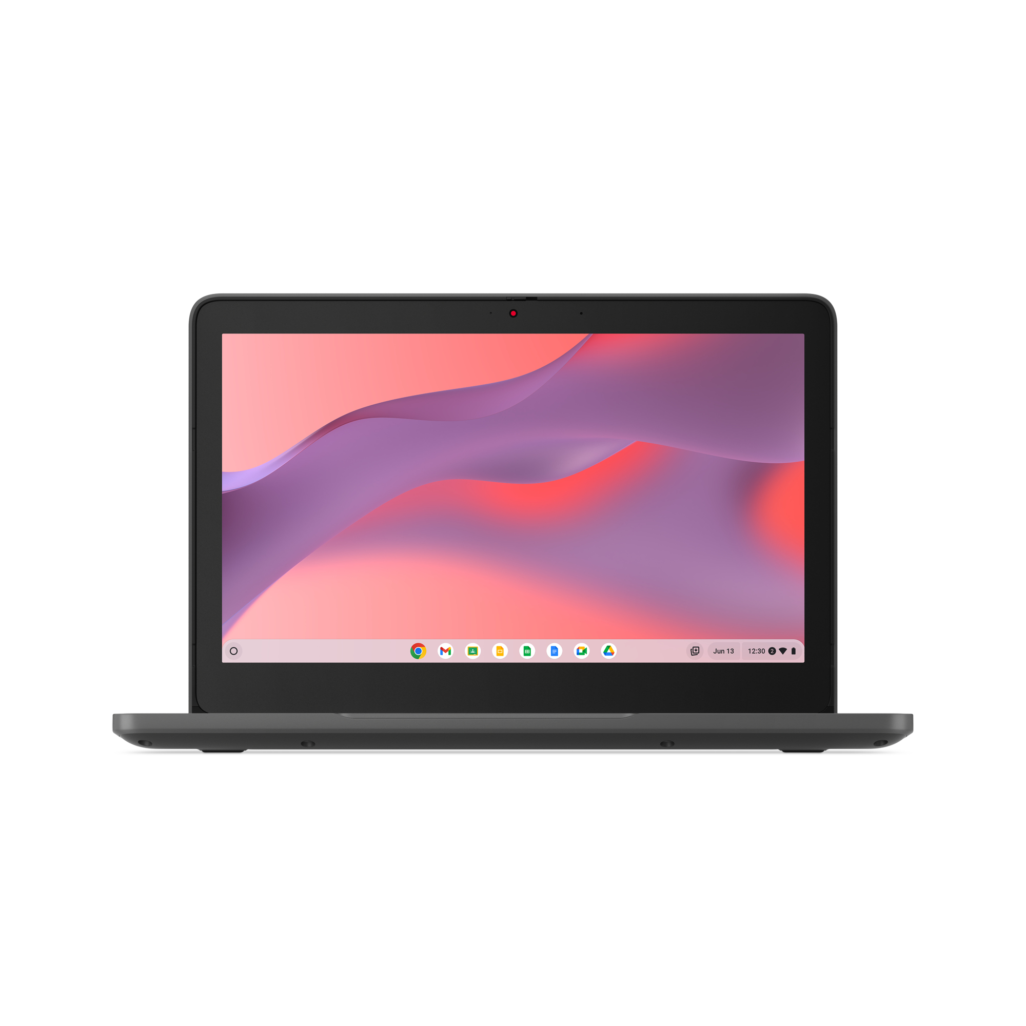 Szary laptop z kolorowym ekranem na białym tle, widok z przodu.