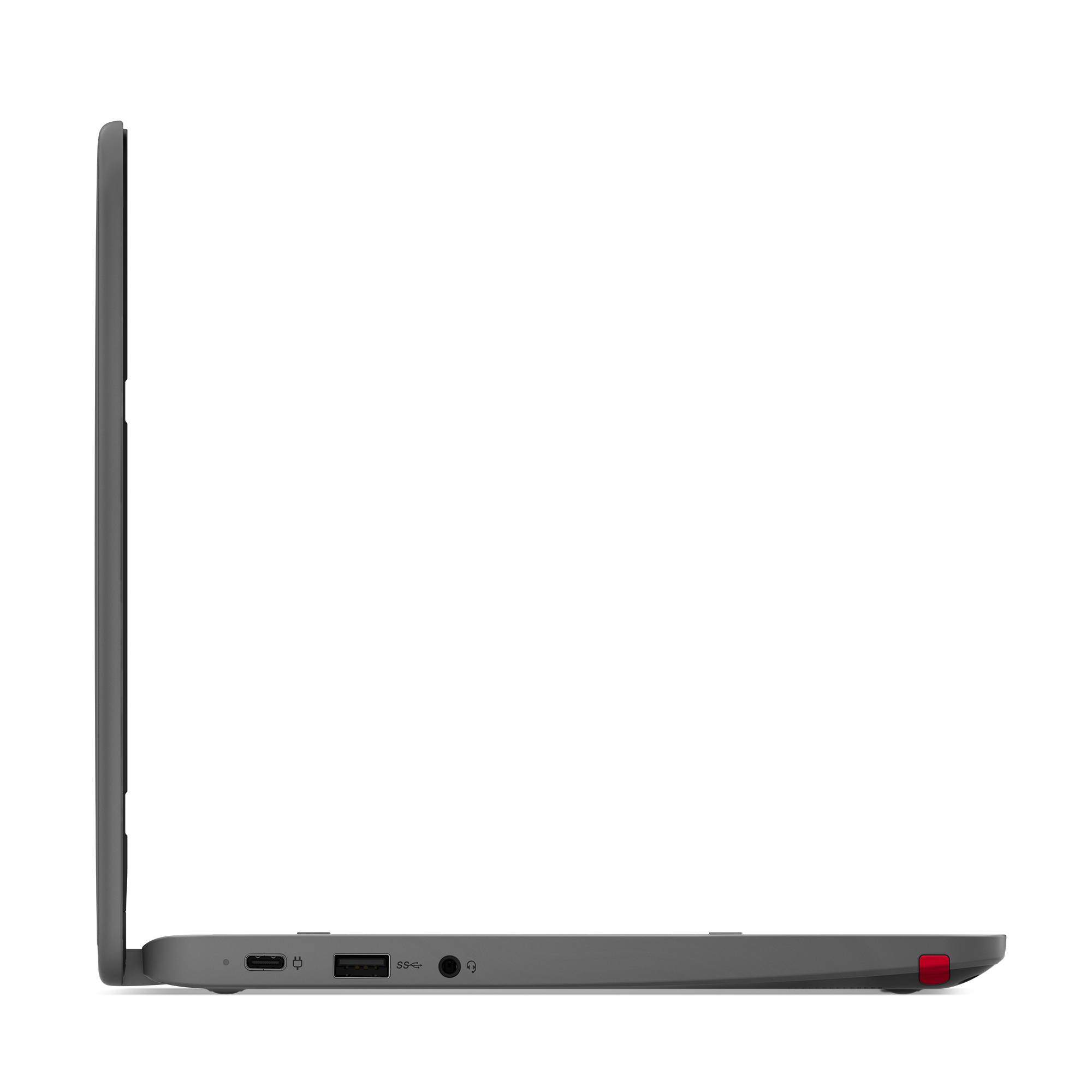 Szary laptop, widok z lewej strony, zamknięty, na białym tle.