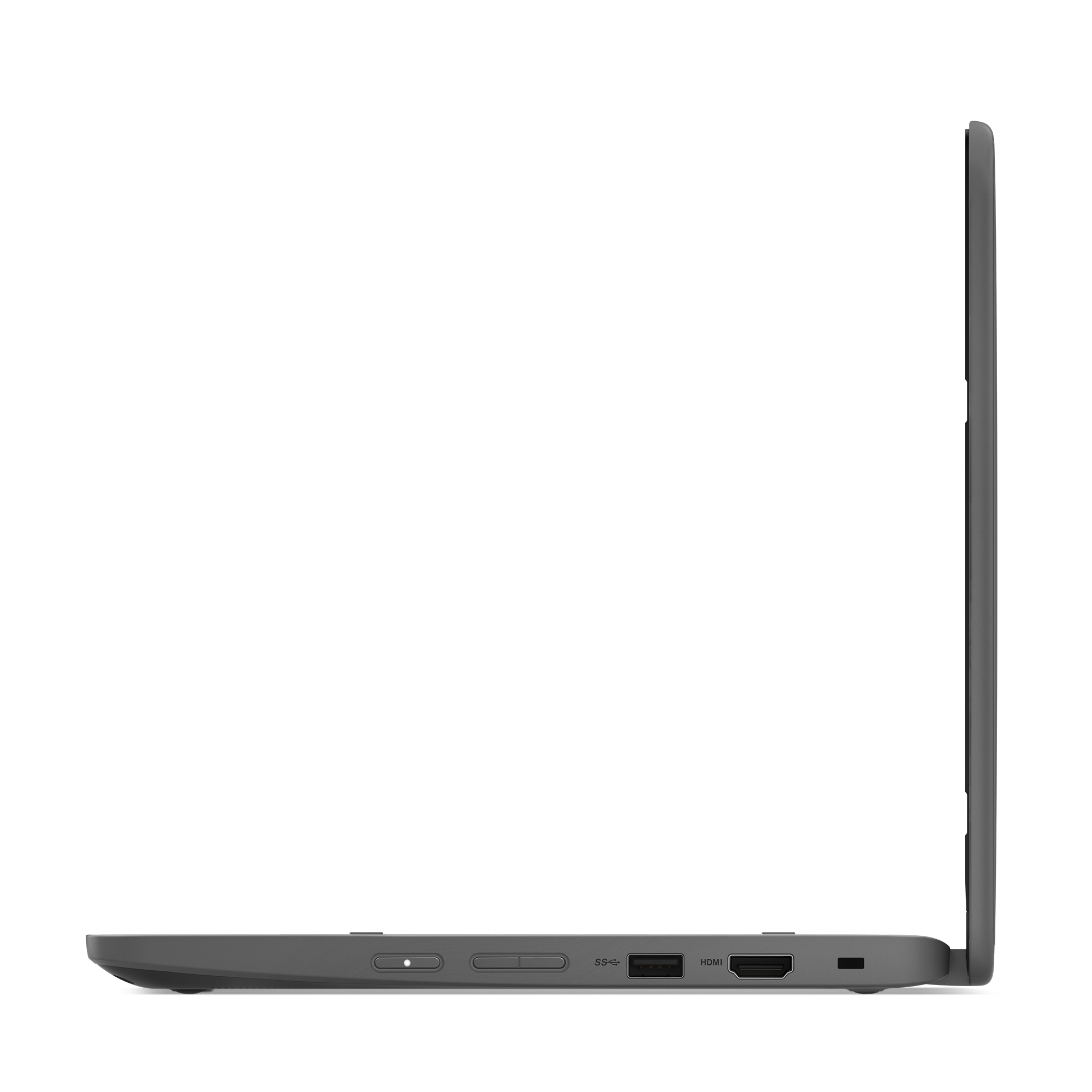 Szary laptop, widok z prawej strony, zamknięty, na białym tle.