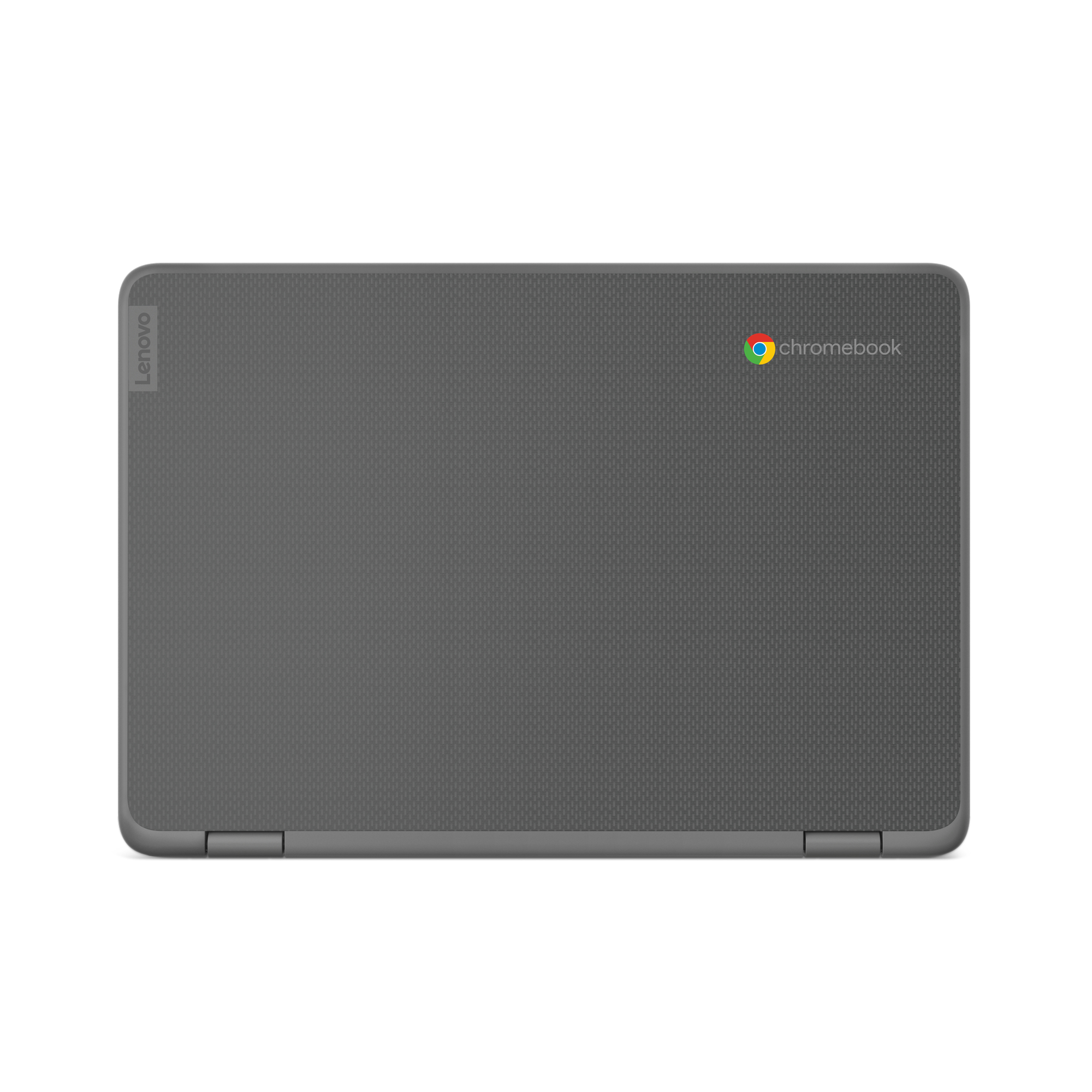 Szary Lenovo Chromebook, widok z góry, zamknięty, na białym tle.