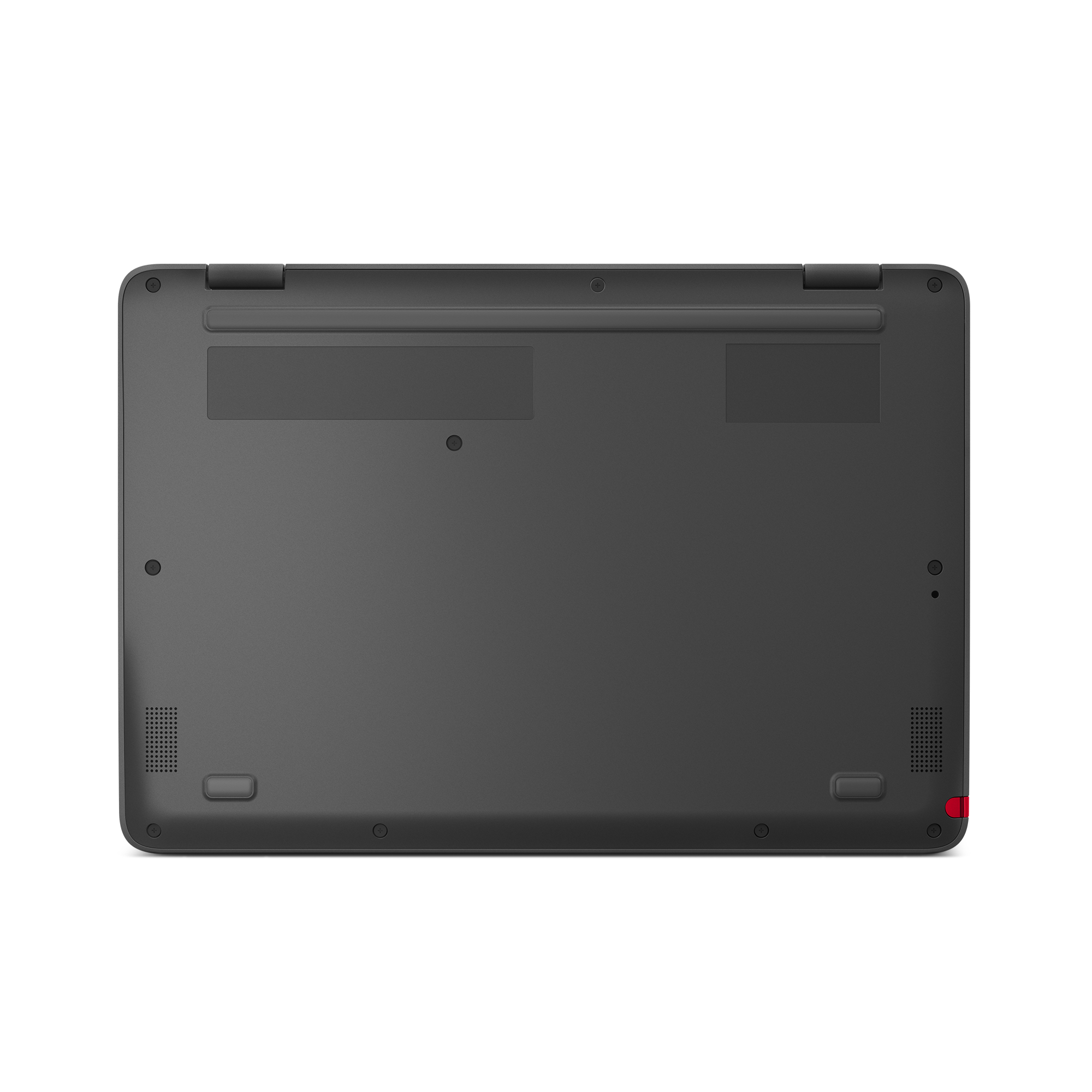 Szary Lenovo Chromebook, widok od dołu, zamknięty, na białym tle.