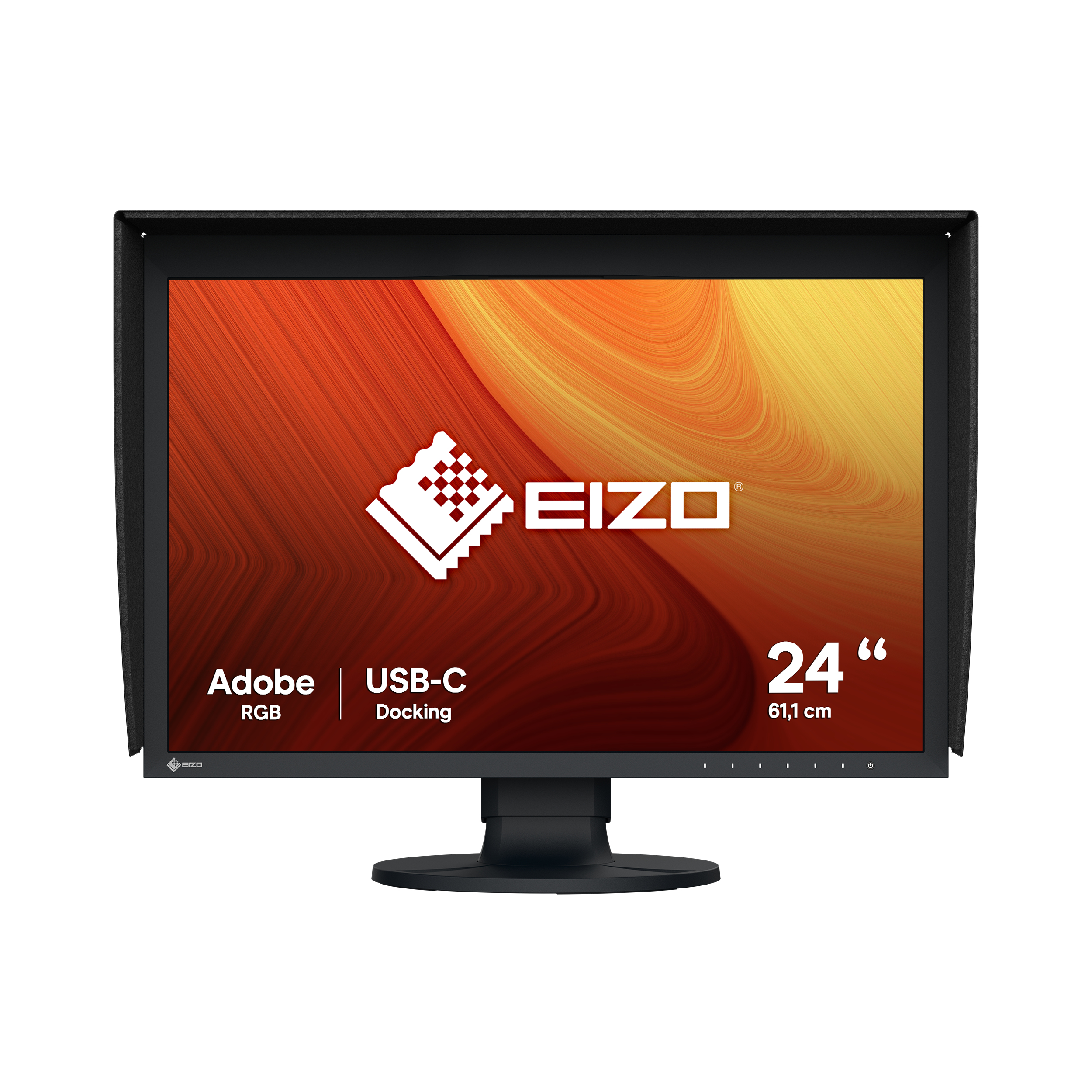 Widok z przodu czarnego monitora EIZO z Adobe RGB i stacją dokującą USB-C, wyposażonego w osłonę przeciwsłoneczną.