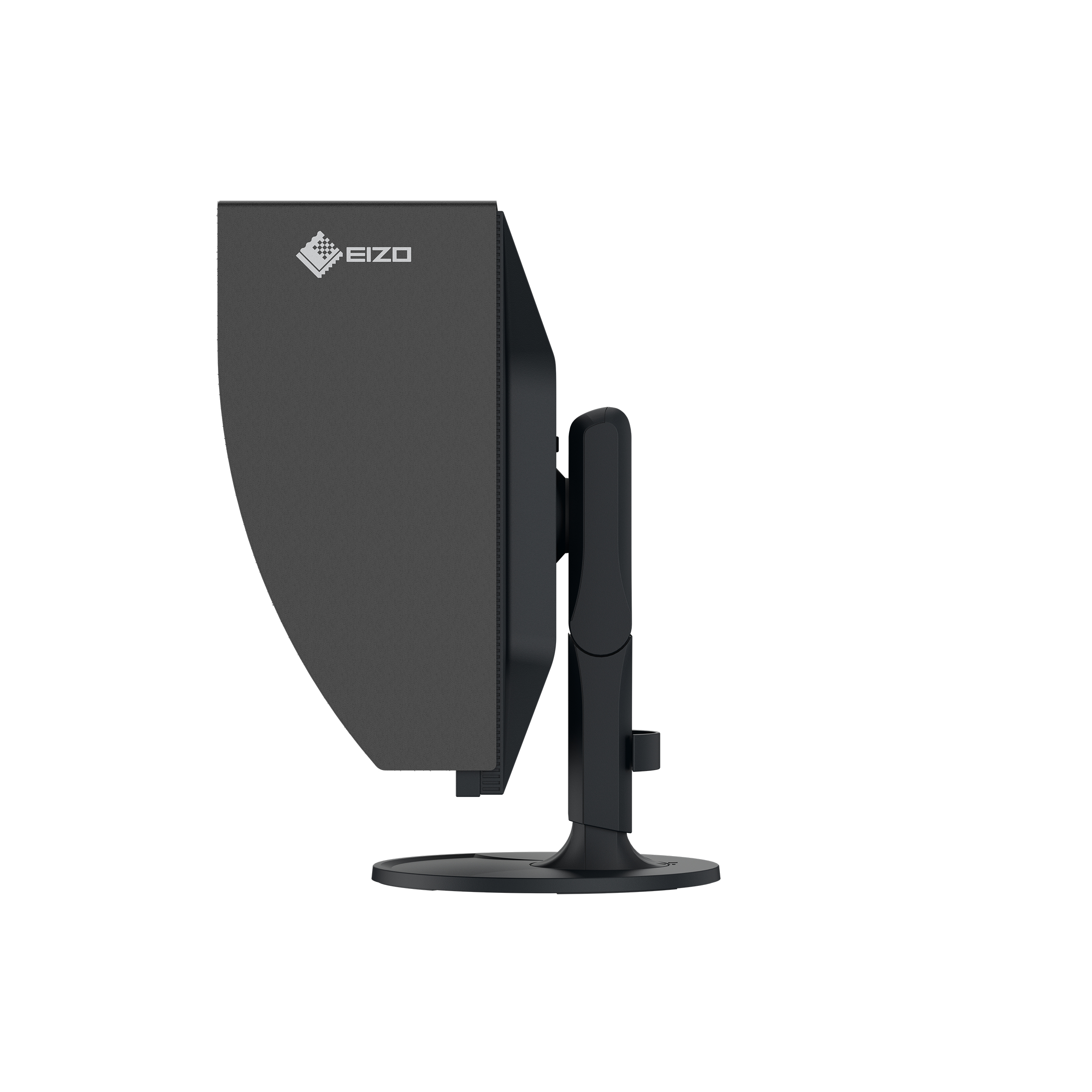 Widok z boku czarnego monitora EIZO z osłoną przeciwsłoneczną, pokazujący podstawę i regulowaną wysokość.