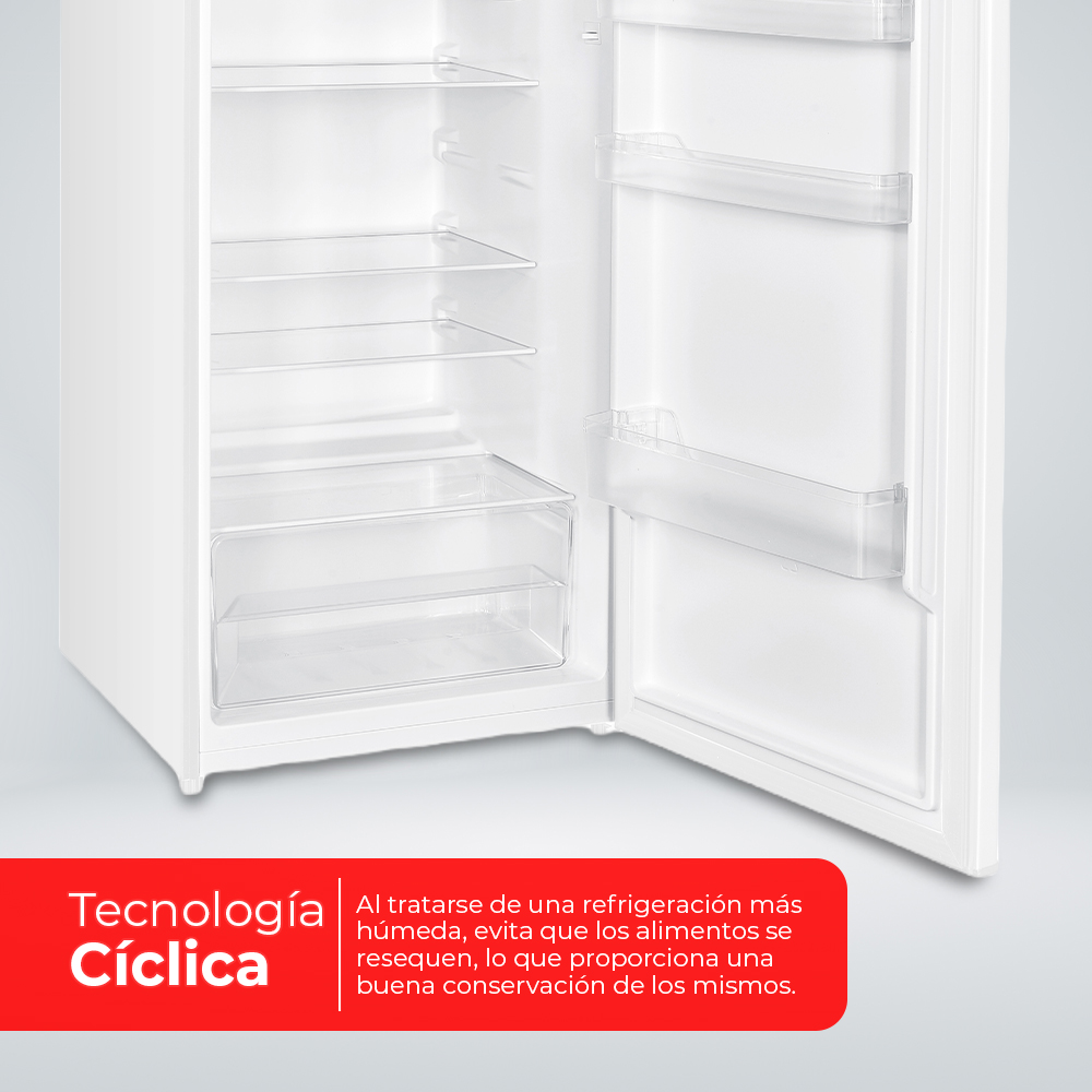 Un primer plano de un refrigerador blanco abierto presenta estantes transparentes, cajones y una descripción de su tecnología cíclica.