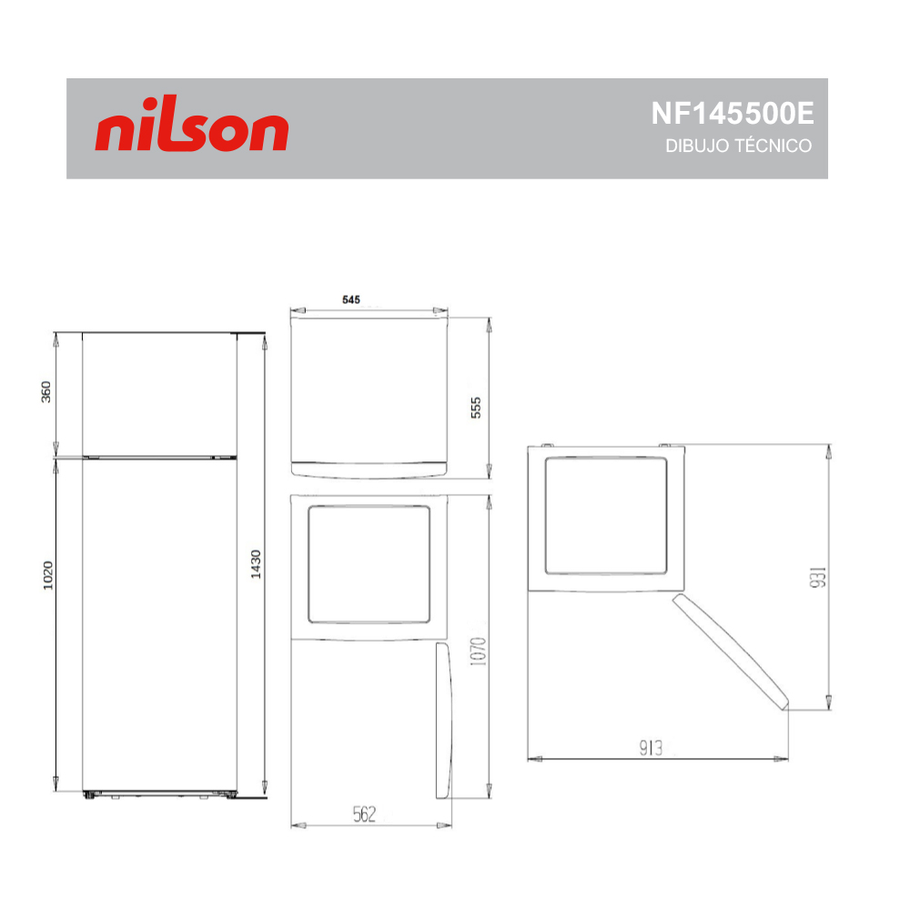 Un dibujo técnico muestra las dimensiones y vistas de un modelo de refrigerador Nilson NF145500E sobre un fondo blanco.