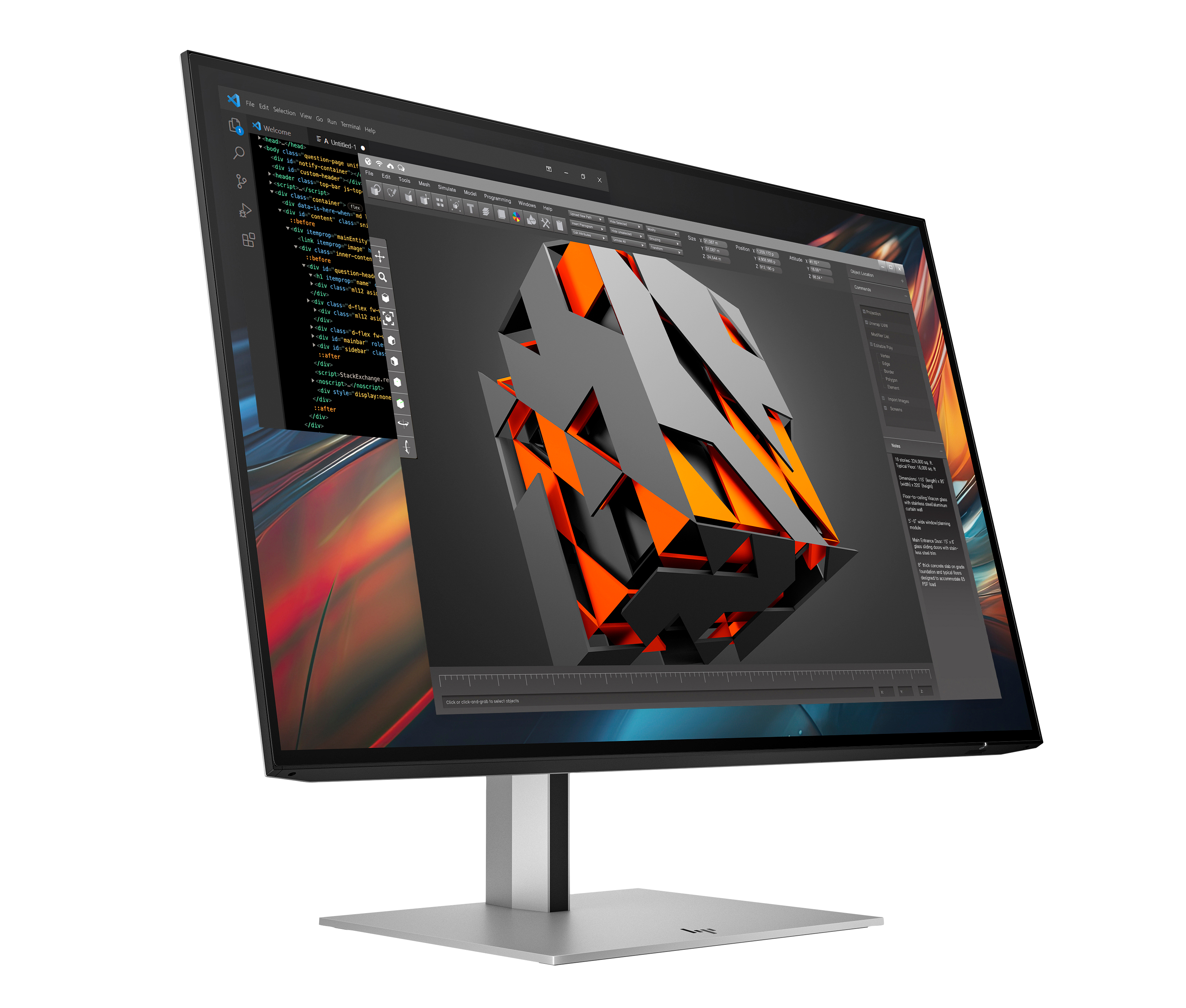 Un monitor que muestra una interfaz de software de diseño 3D sobre un soporte plateado, contra un fondo blanco.