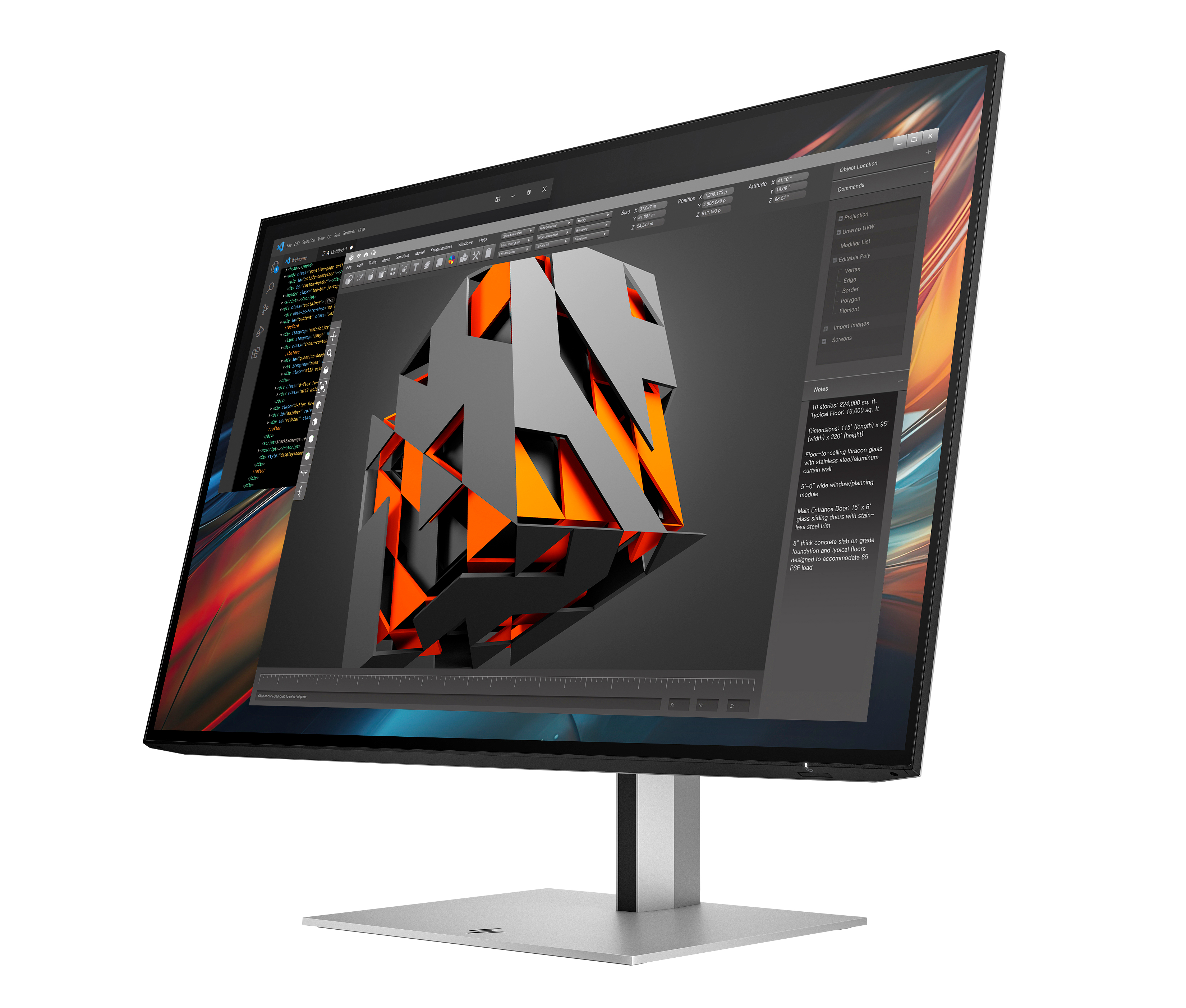 Un monitor muestra una interfaz de software de diseño 3D sobre un soporte plateado. El fondo es blanco.