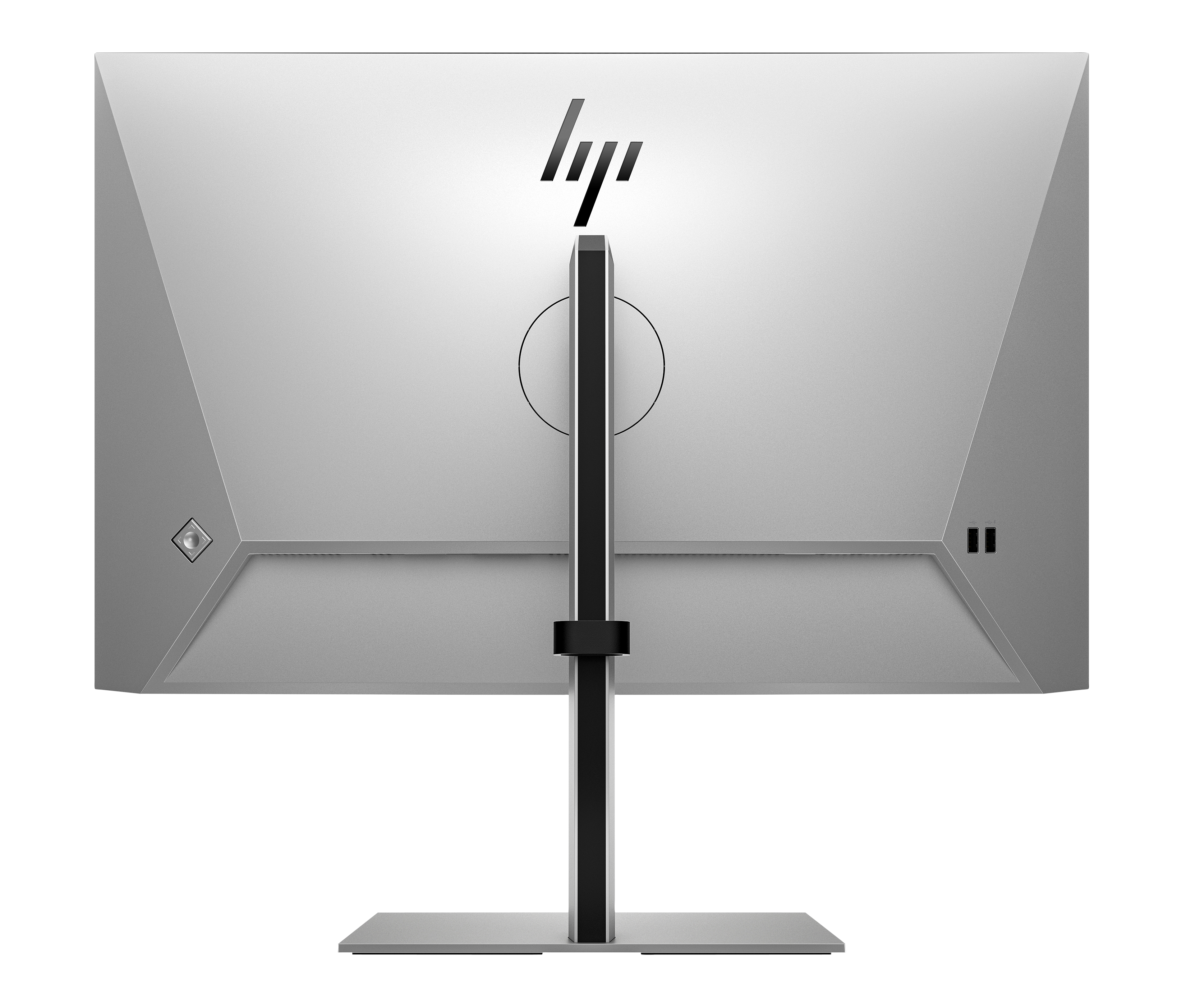 La parte trasera de un monitor plateado muestra el logotipo y el soporte de HP contra un fondo blanco.