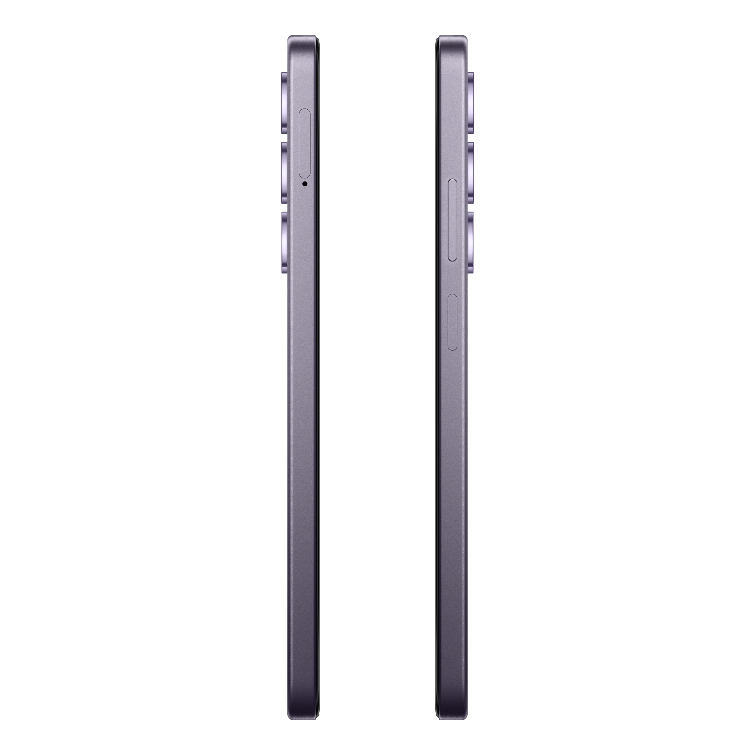 Dos smartphones morados lado a lado, mostrando perfiles laterales sobre fondo negro.