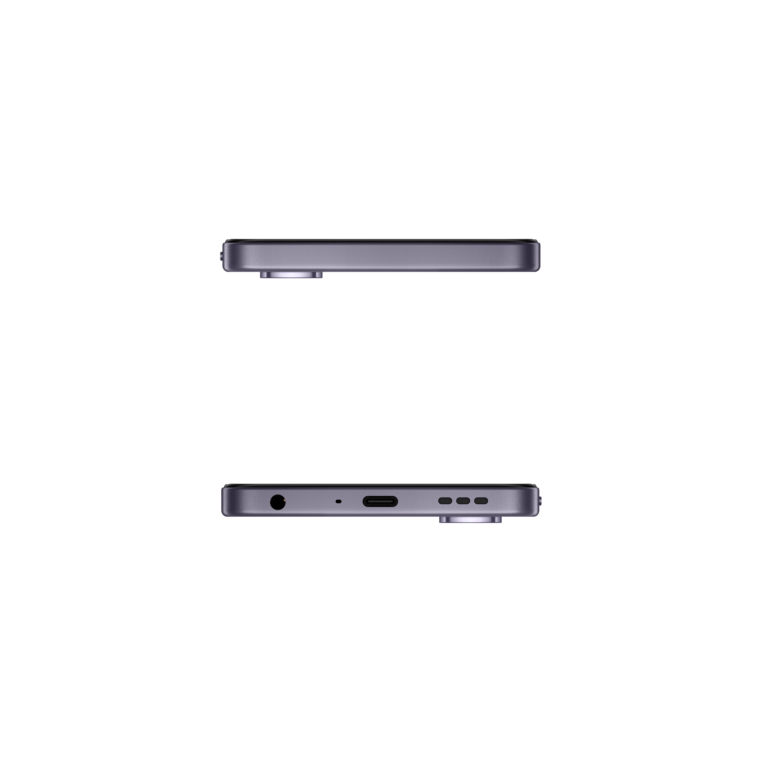 Dos smartphones morados, vistas superior e inferior, sobre fondo negro.